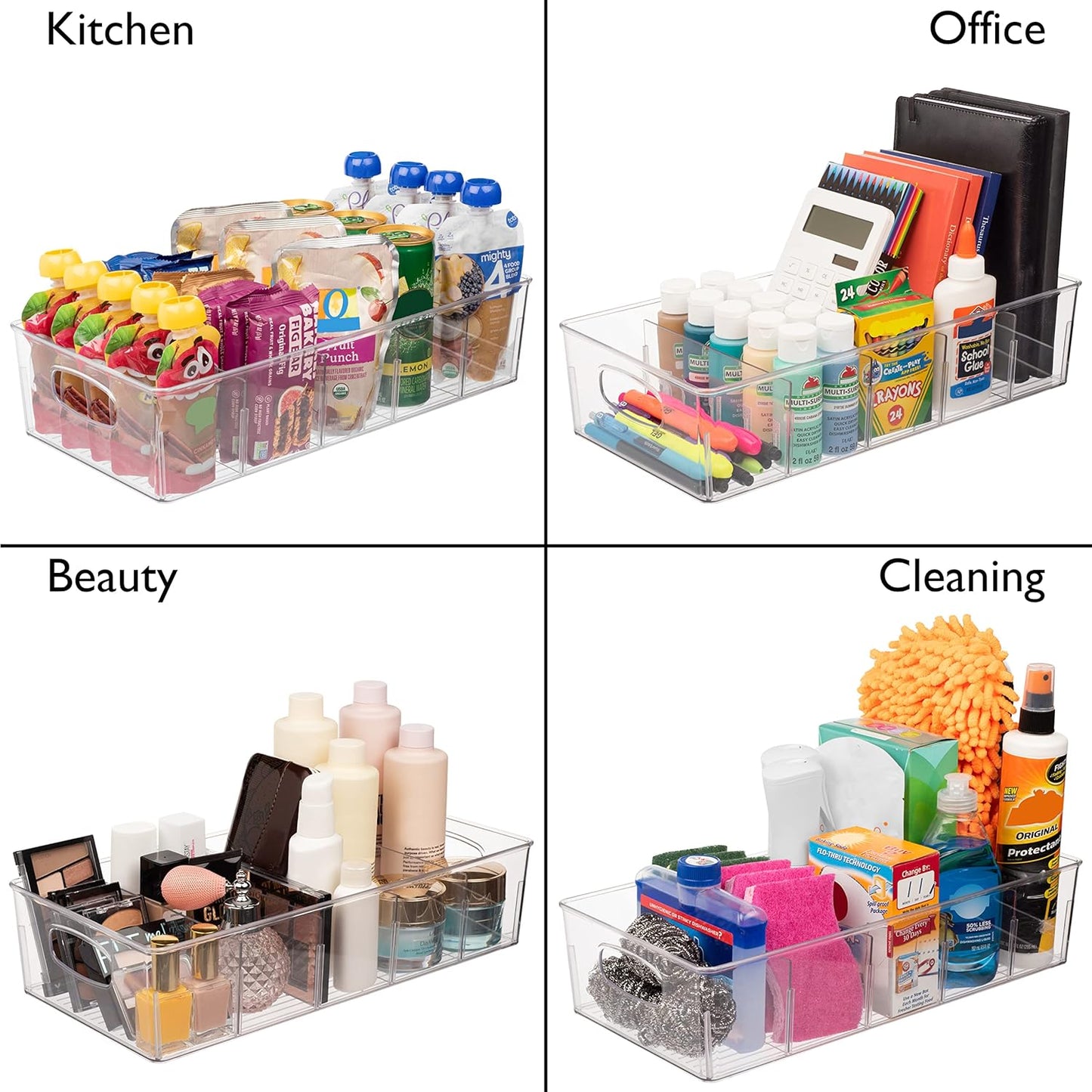 ClearSpace Plastic Pantry Organization and Storage Bins with Removable Dividers – 4 Pack XL Perfect Kitchen Organization or Kitchen Storage – Refrigerator Organizer Bins, Cabinet Organizers