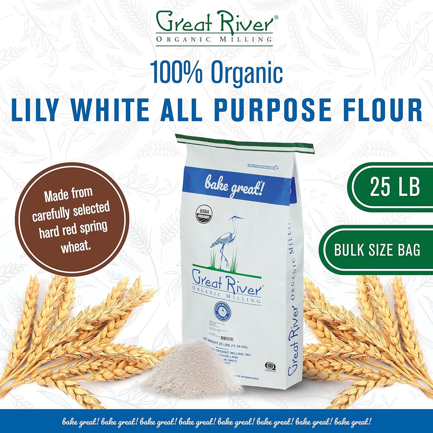 Great River Organic Milling Lily White Organic All-Purpose Flour | Unbleached & Unbromated | Non-GMO, Kosher | Ideal for Bread, Cookies, Cakes, Pizza Dough & Everyday Baking | 25 Lb