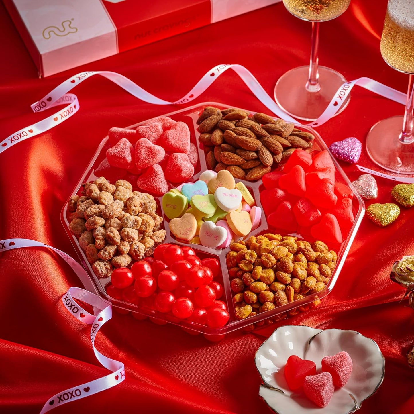 NUT CRAVINGS - Mixed Nuts & Heart Candy Gift Basket in Red Gold Box (7 Assortments, 1 LB) Food Arrangement, Healthy Snack Care Package, Food Assortments