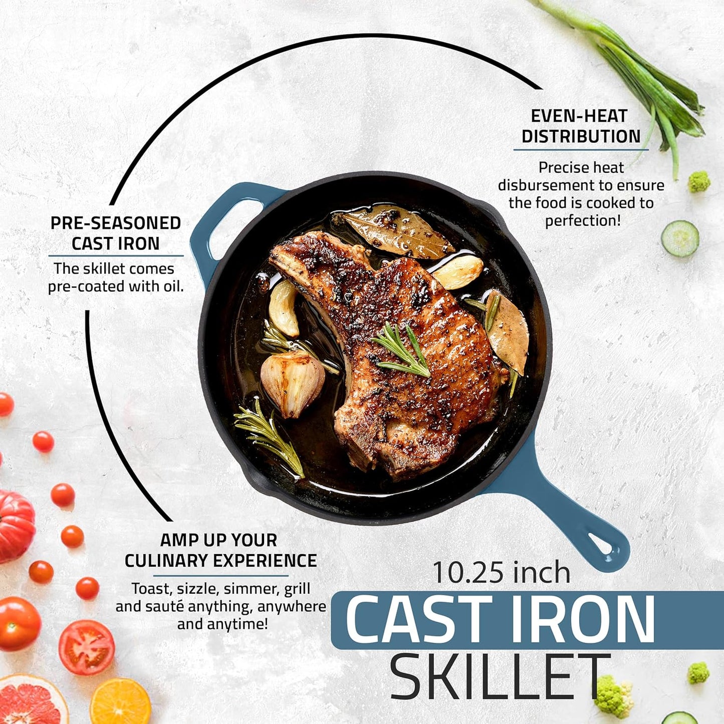 Utopia Kitchen Cast Iron Frying Pan 12 Inch, Cast Iron Chefs Pan, Pre Seasoned Skillet, Safe Grill Cookware for Indoor & Outdoor Use, Teal