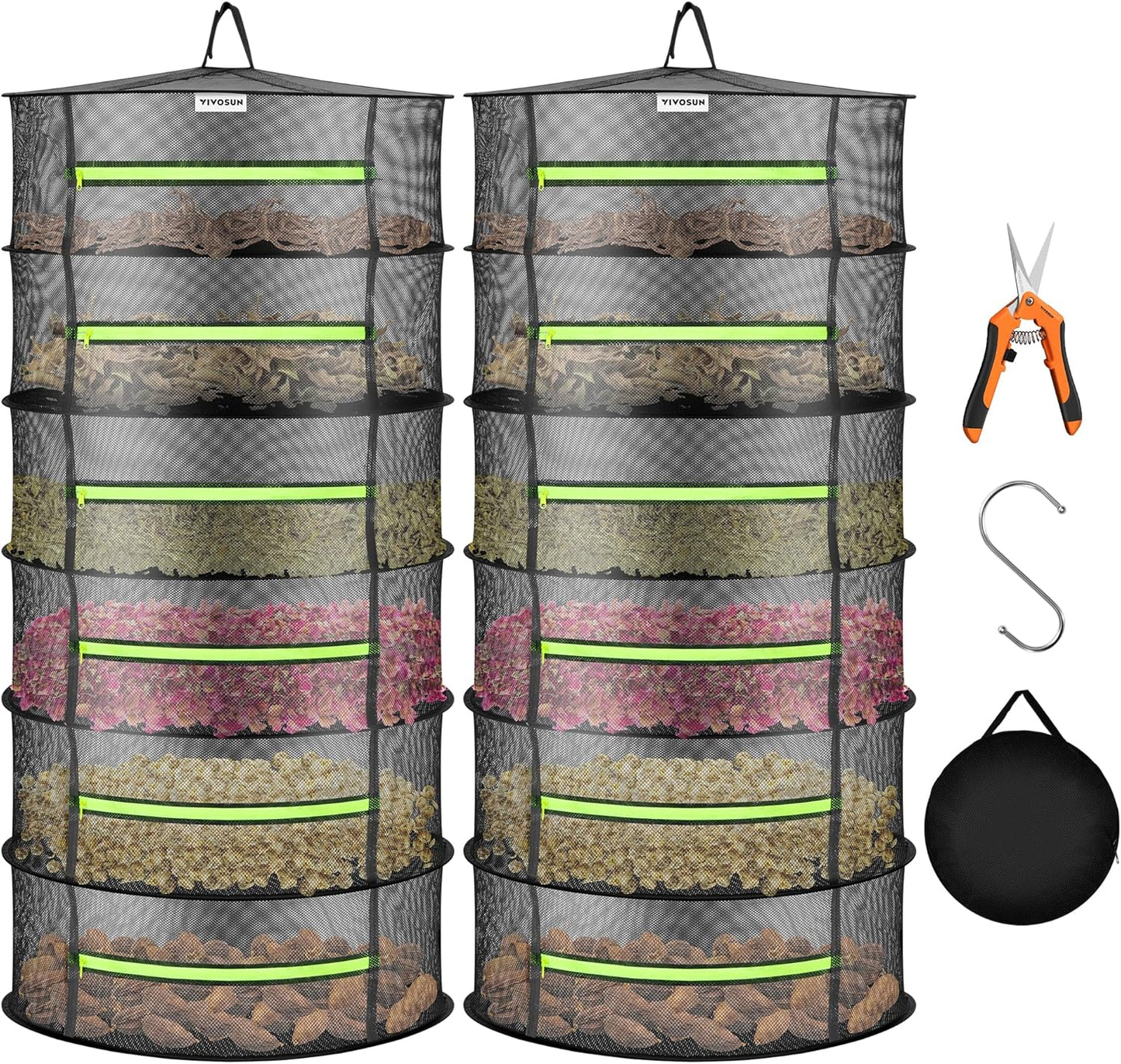 VIVOSUN 2-Pack 6-Layer Mesh Drying Rack Hanging Design with Green Zippers for Dehydrating, Indoor and Outdoor (Pruning Shears Included)