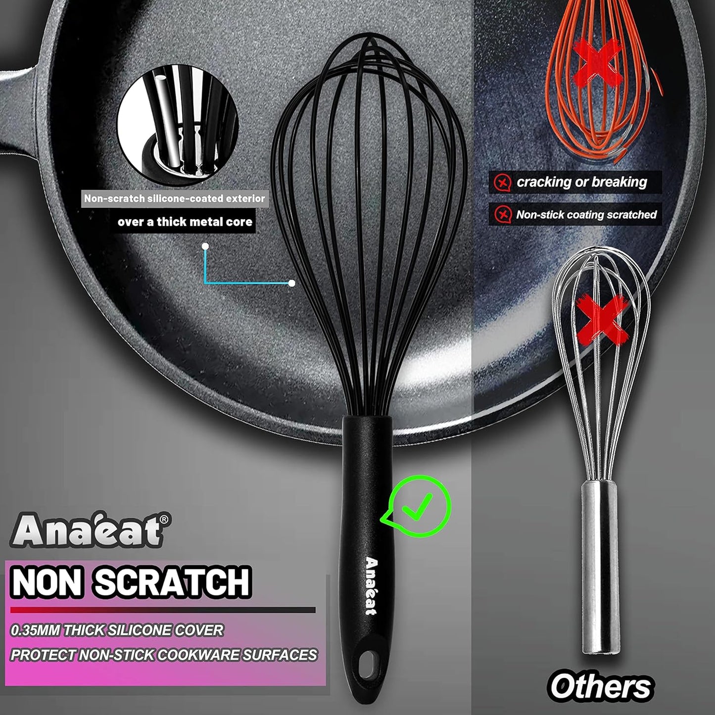 Anaeat Silicone Kitchen Whisk Set of 4, Perfect for Non-Stick Cookware, Egg Beater Milk Blender for Whisking, Cooking, Baking, Beating - 11'' Flat Whisk and 8.5''+10.5''+12'' Balloon Whisks (Black)