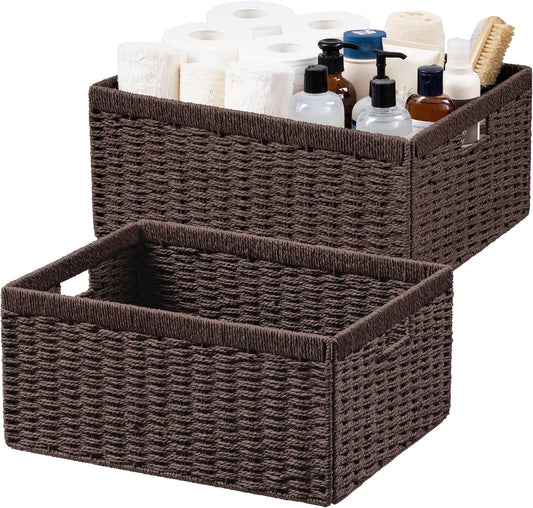 UBBCARE 2 Pack Wicker Basket, 16.5L×13H×7.5W inch Woven Paper Rope Storage Baskets for shelves, Foldable Rectangular Storage Baskets with Handle, Storage Basket for Organizing, Dark Brown