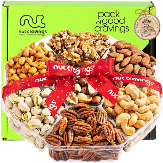 NUT CRAVINGS - Mixed Nuts Gift Basket + Heart Ribbon (7 Assortments) Food Arrangement, Healthy Snack Care Package, Food Assortments