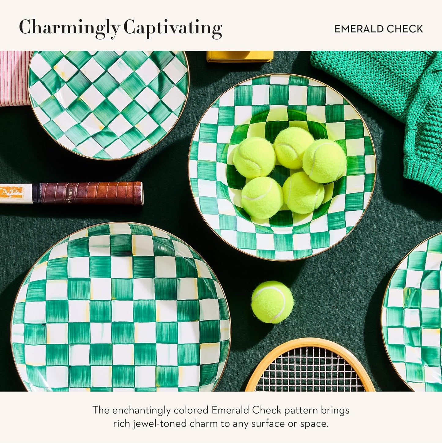 MACKENZIE-CHILDS Enamel Serving Bowl, Enamel Serveware Bowl, 12 Inches, Green-and-White Emerald Check