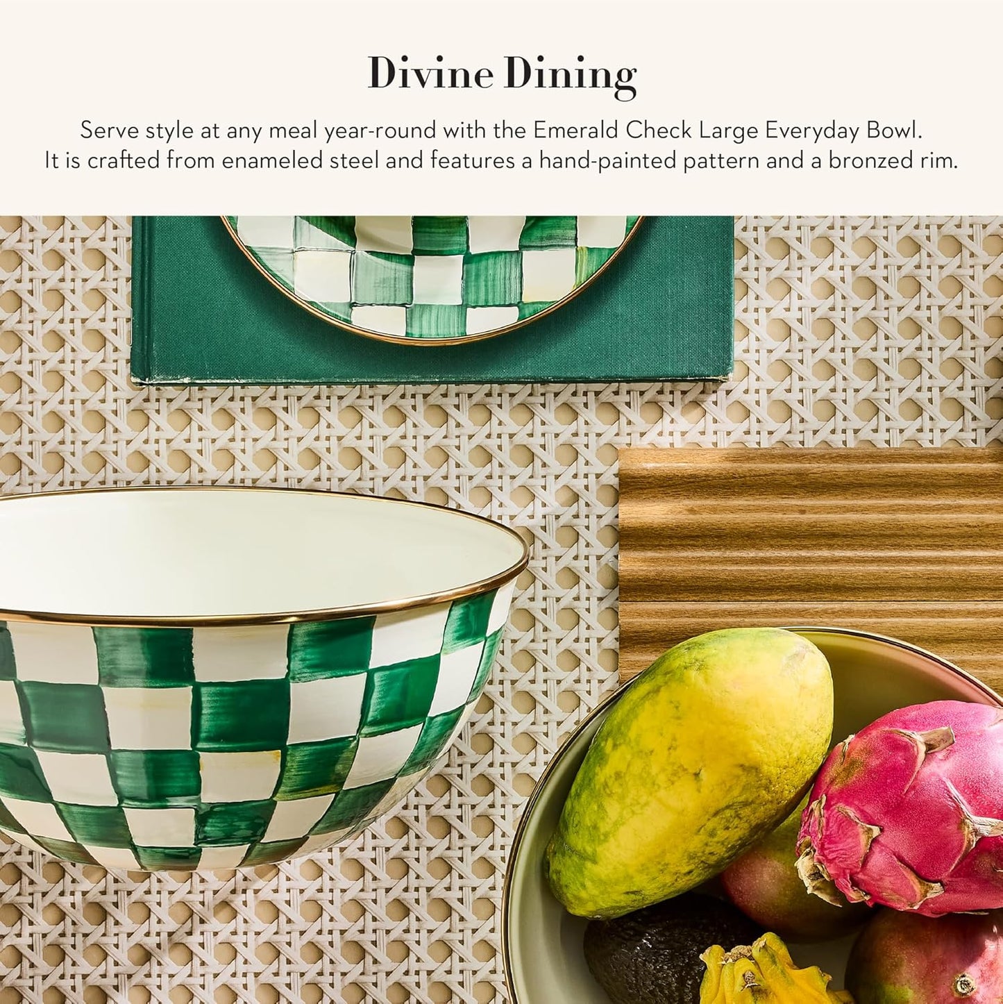 MACKENZIE-CHILDS Enamel Everyday Bowl, Serving Bowl for Entertaining, Large, Green-and-White Emerald Check