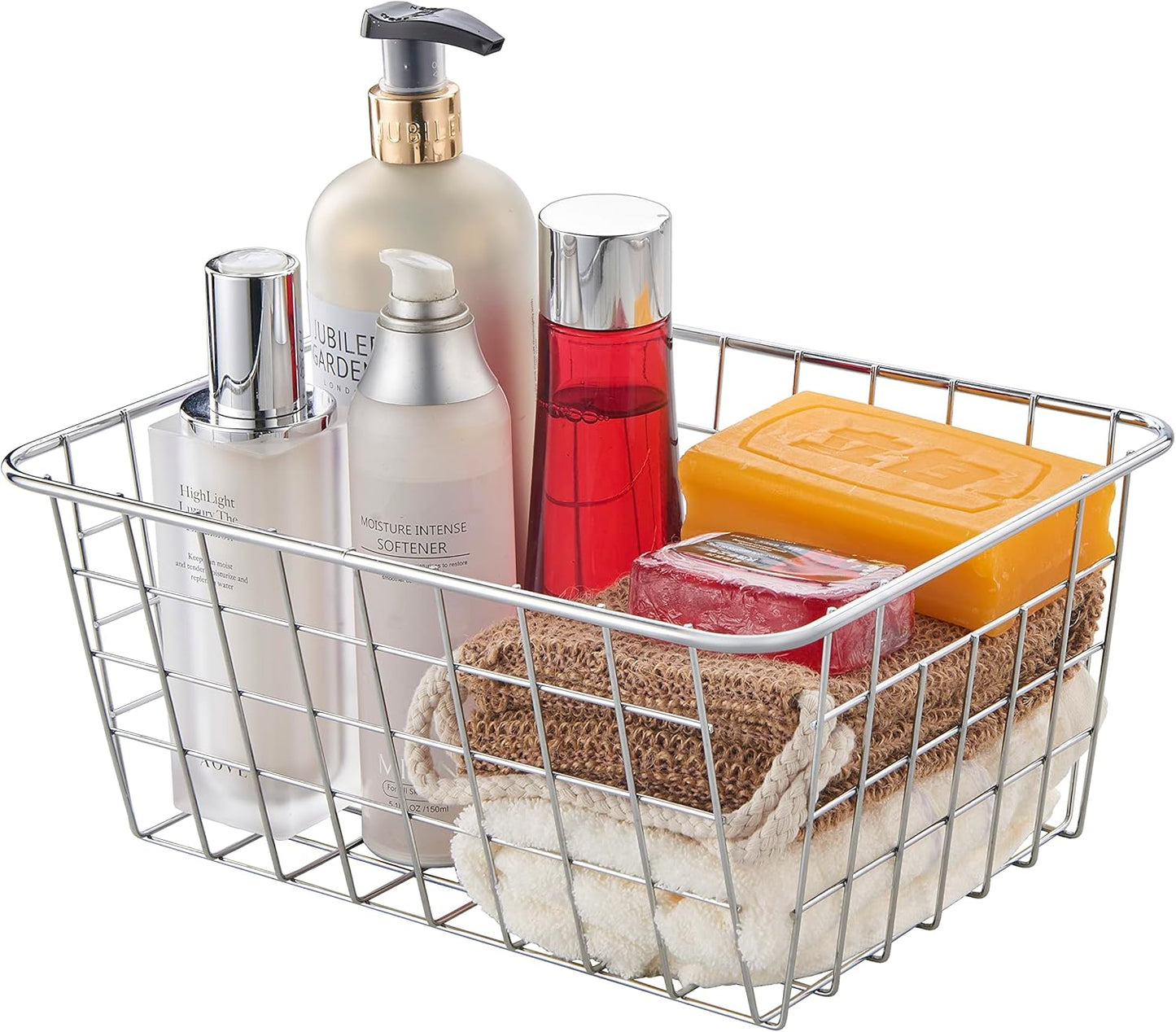 Wire Kitchen Storage Basket 4 Packs,Perfect Pantry Organization Accessories Baskets,Laundry Basket,Countertop Organization,Suitable for Kitchen,Bathroom,Bedroom,Tabletop,Stackable,Chrome