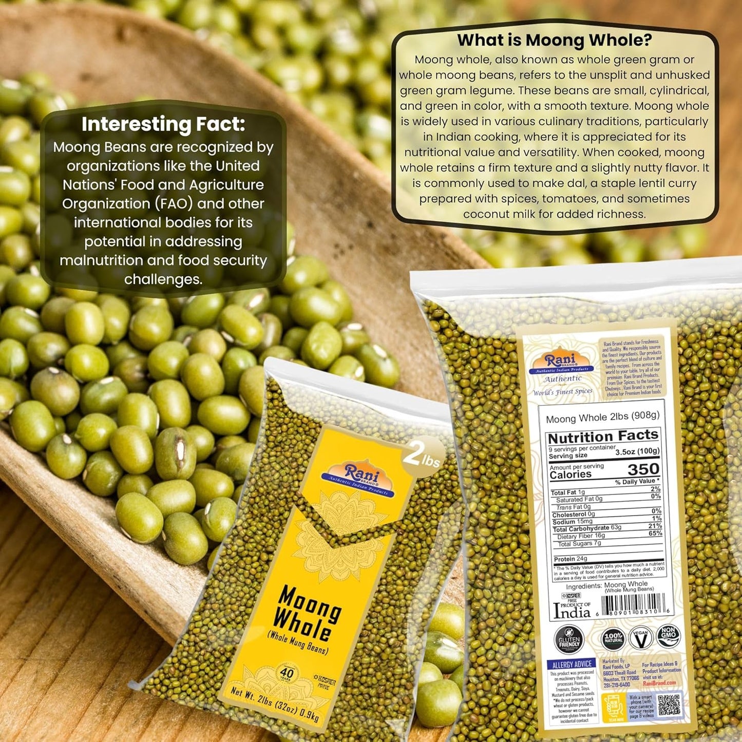 Rani Moong Whole (Ideal for cooking & sprouting, Whole Mung Beans with skin) Lentils Indian 32oz (2lbs) 908g ~ All Natural | Gluten Friendly | Non-GMO | Kosher | Vegan | Indian Origin