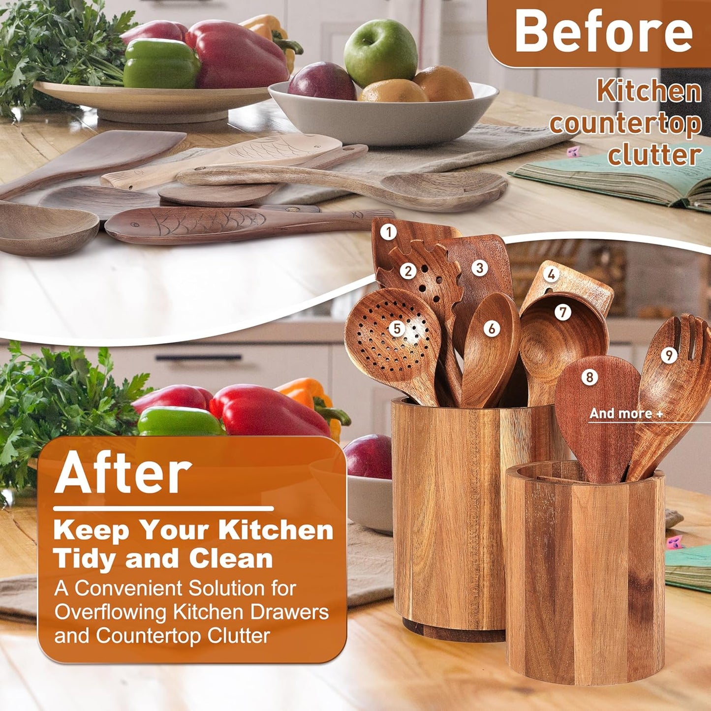Utensil Holder for Kitchen Countertop: 360° Rotating Wooden Utensil Crocks - Farmhouse Cooking Spoons Organizer