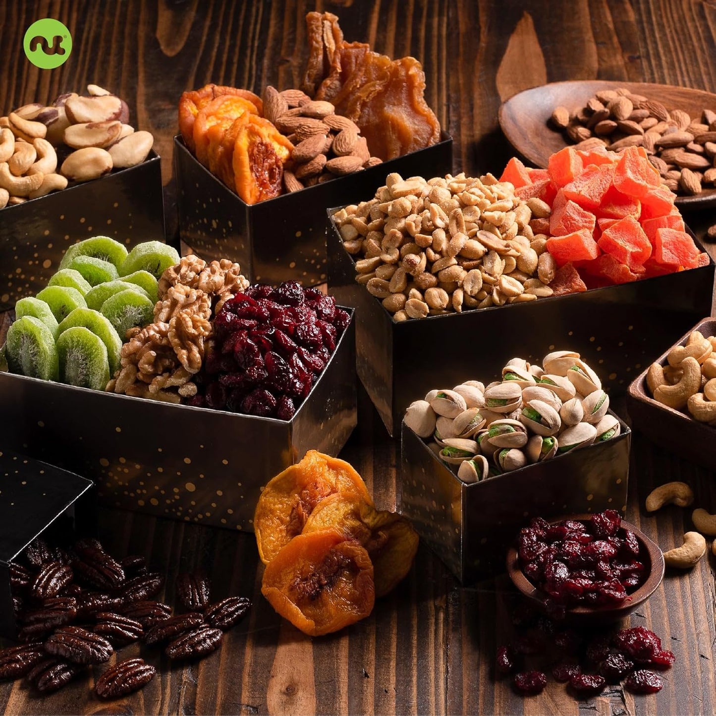 NUT CRAVINGS Gourmet Collection - Thinking of You, Nuts & Dried Fruits Tower Gift Basket, with TY Ribbon + Greeting Card (12 Assortments) Food Arrangement, Healthy Snack Care Package, Food Assortments