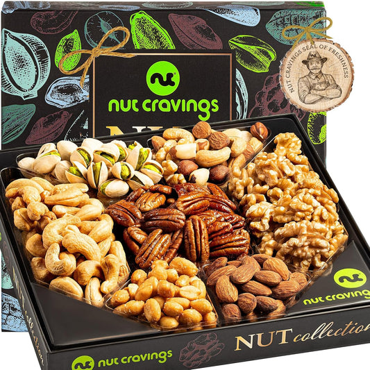 NUT CRAVINGS - Nut Collection Gift Basket in Elegant Box (7 Assortments) Food Arrangement, Healthy Snack Care Package, Food Assortments
