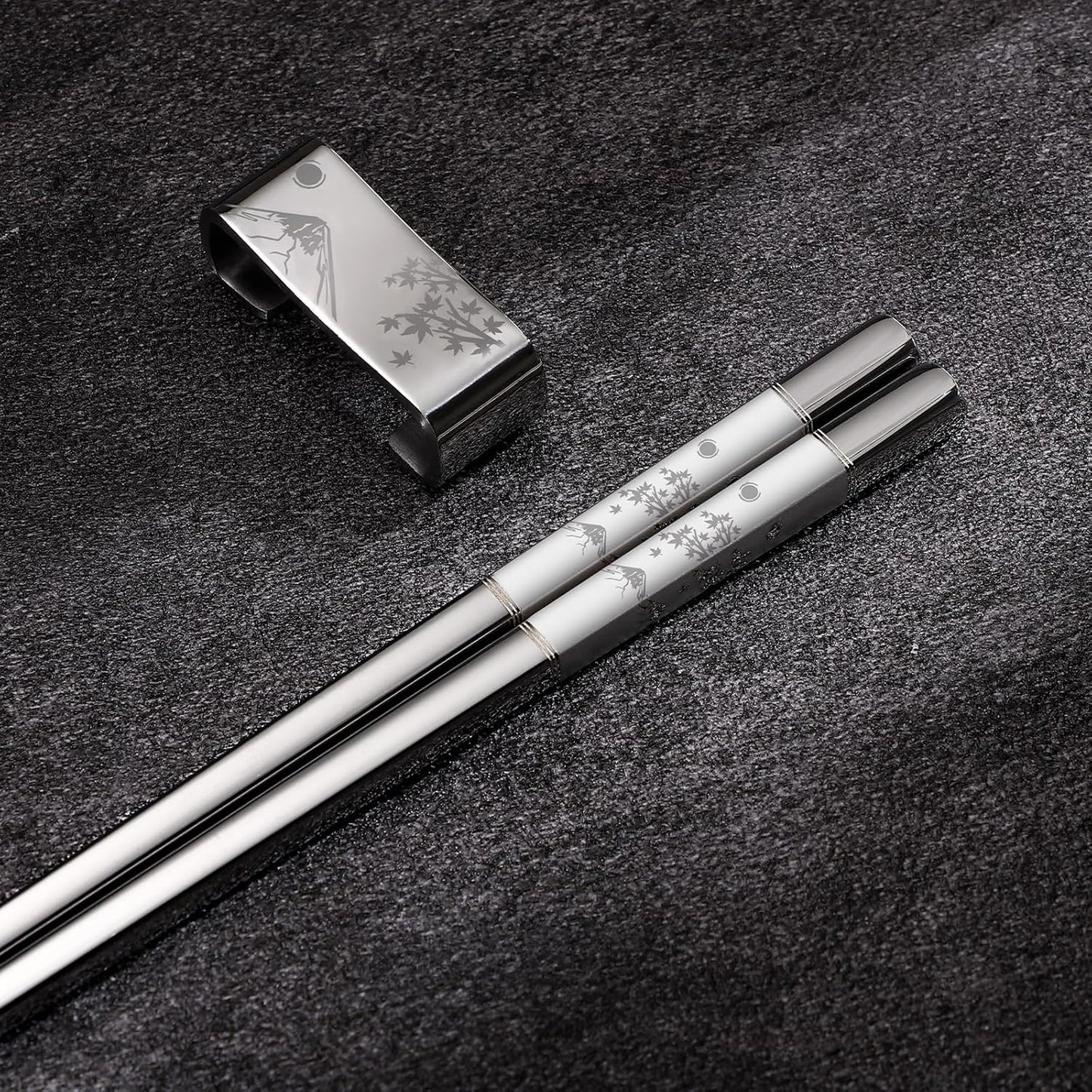 Metal Chopsticks Reusable 2 Pairs Titanium Plated 18/8 Stainless Steel Chopsticks with Holder, Dishwasher Safe Non-Slip Japanese Style Laser Engraved Chop Sticks Gift Set (Silver)