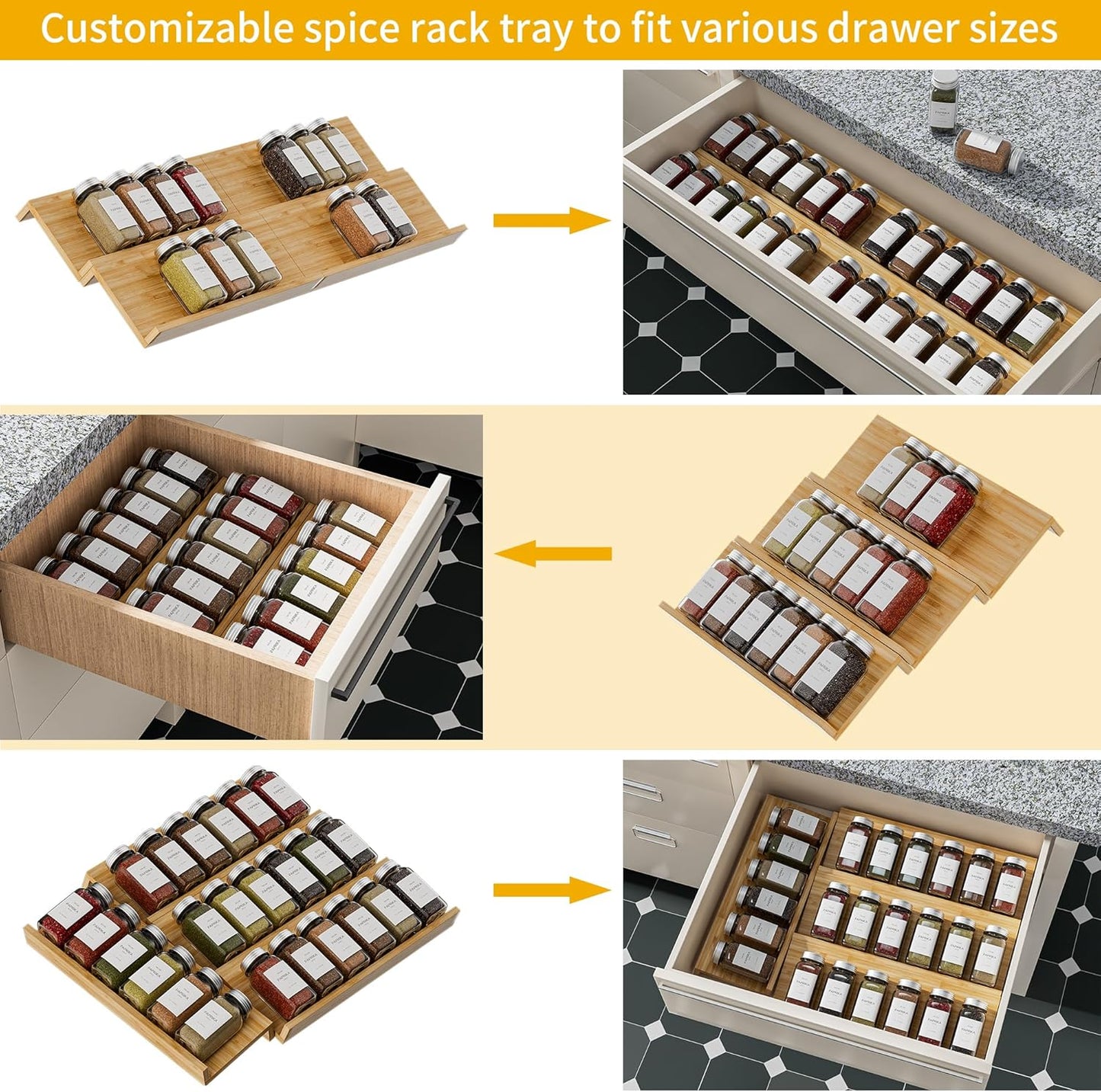 Bamboo Spice Drawer Organizer - 4 Pack 13"x4.7"x1.6" Spice Rack Tray - Spice Jars Drawers Insert - Seasoning Organizer for Drawers/Countertop (Jars not included)…