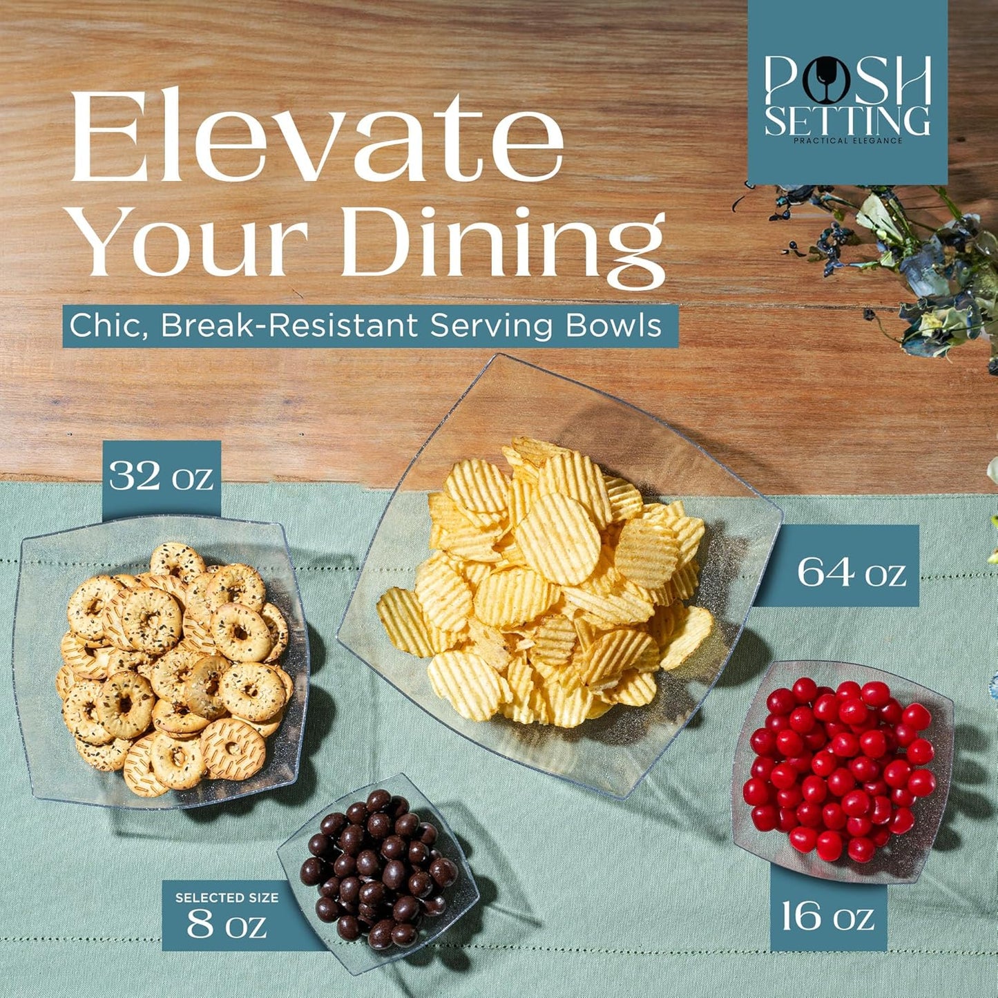 Posh Setting - Silver Glitter Plastic Serving Bowls for Party (8oz - 4 Pack) Square Bowls, Disposable Chip Bowls, Candy Bowls for Party Table, Salad Bowls for Party, Candy Containers for Candy Buffet