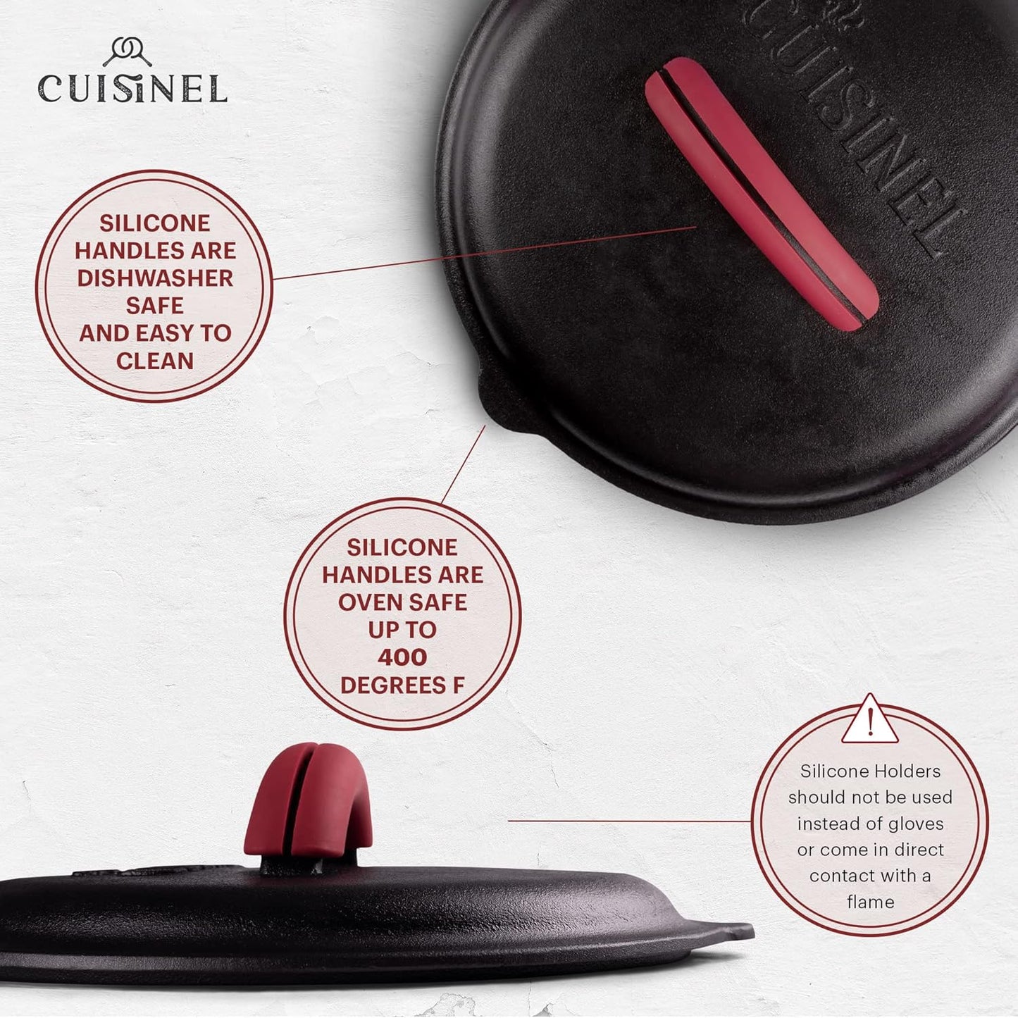 Cuisinel Cast Iron Lid - Fits 12"-Inch / 30.48-cm Lodge Skillet Frying Pans or Braiser + Silicone Handle Holder + Care Guide - Pre-Seasoned Replacement Cover - Indoor/Outdoor, Oven, Fire, BBQ Safe