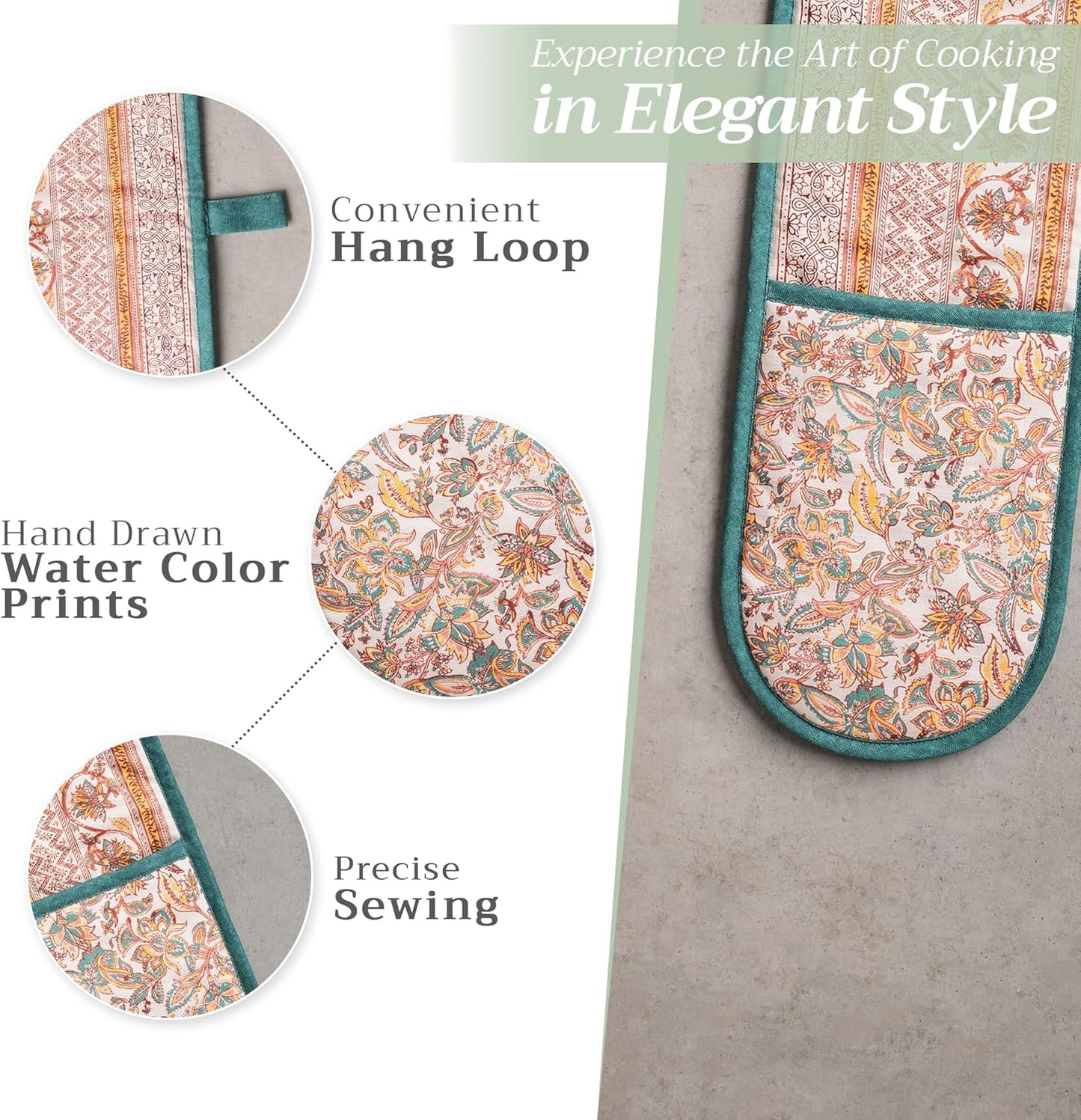 Maison d' Hermine Double Oven Mitts 100% Cotton 7"x35" Double Oven Mitt Heat Resistant BBQ Cooking Gloves with Loop, Baking, Grilling, Home, Kitchen, Handling Hot Pans (Nila)