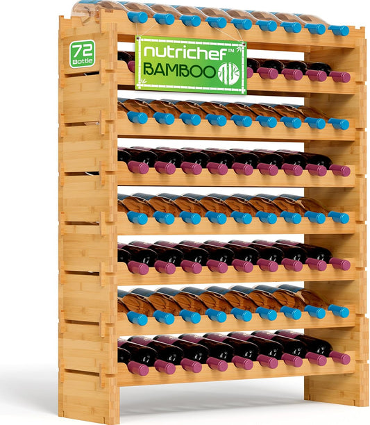 NutriChef Bamboo Stackable Wine Rack, 8-Tier 72 Bottle Capacity Wine Racks Free Standing Floor, No Tools Assembly, Modular Storage Display Shelf for Kitchen and Cellar 33.5" x 10" x 42"