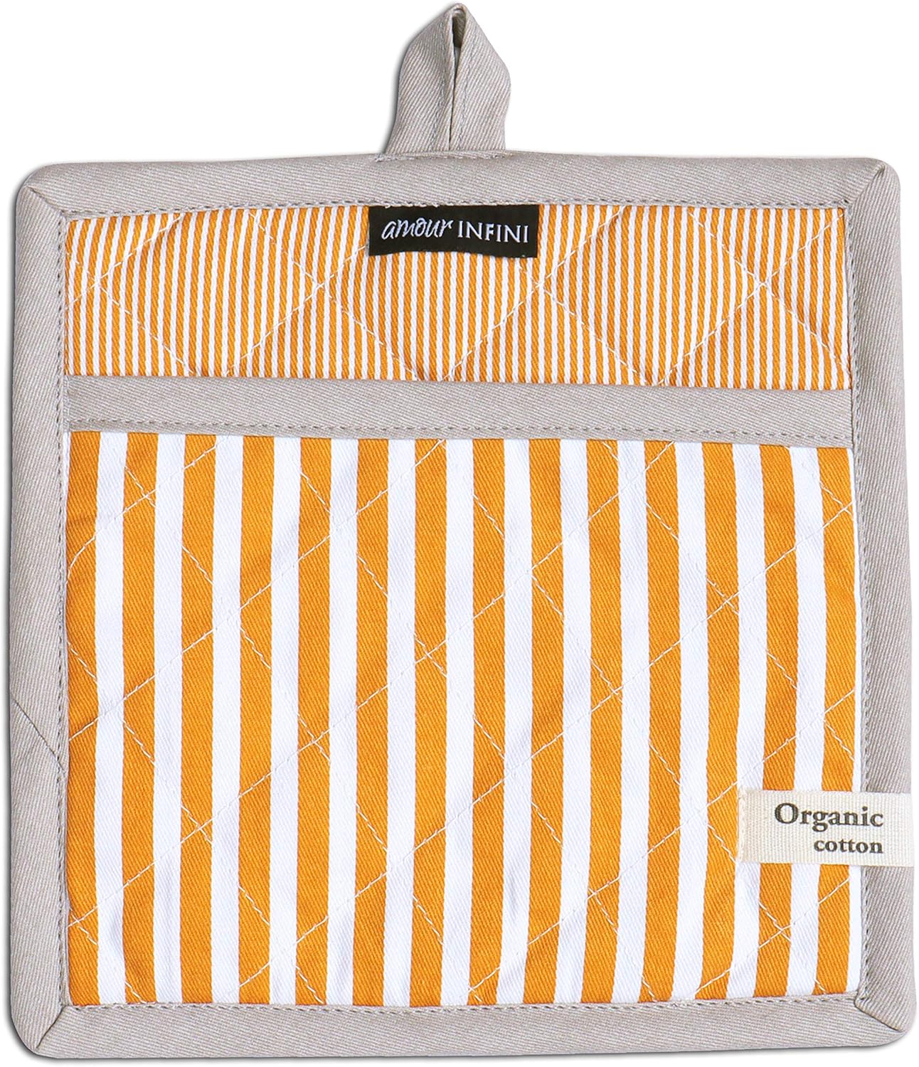 AMOUR INFINI Pot Holders Heat Resistant Cotton Set of 3 Nonslip 8"x8" Inch Hot Pads for Kitchen, BBQ, Baking & Cooking with Hanging Loops (Stripe Yellow)