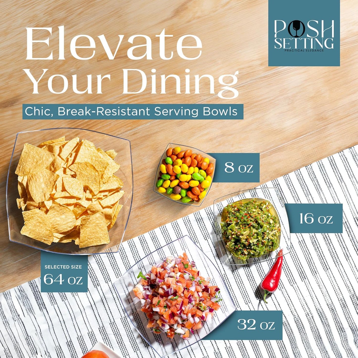 Posh Setting - Clear Plastic Serving Bowls (64oz - 4 Pack) Square, Disposable, Candy & Fruit Bowls for Party Table, Candy Containers