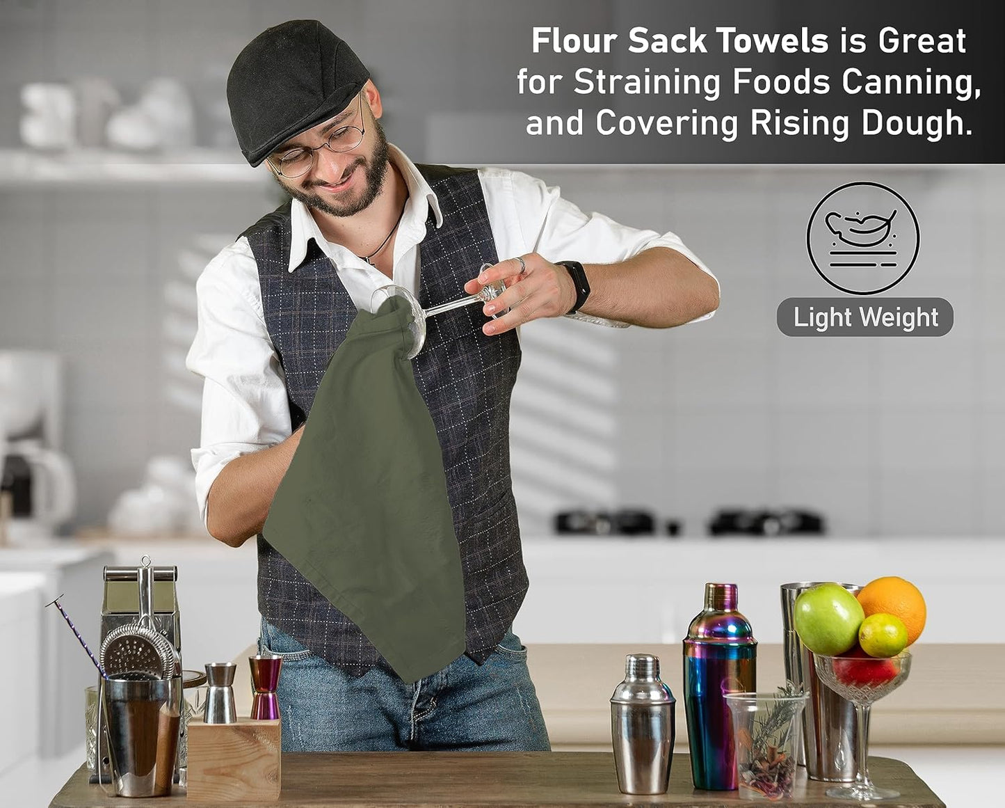 RUVANTI Flour Sack Towels 6 Pack 28x28 Inch, 100% Cotton Tea Towel, Reusable, Machine Washable, Absorbent BarTowels - Dish Cloth Perfect for Drying Dishes & Cleaning - Martini Olive