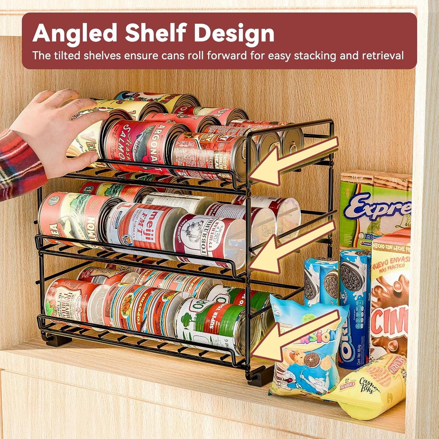SUFAUY 3 Tier Can Organizer for Pantry, Holds 36 Cans for Cabinet Storage or Kitchen Shelves, 12" d X 16.5" w X 14" h, Black