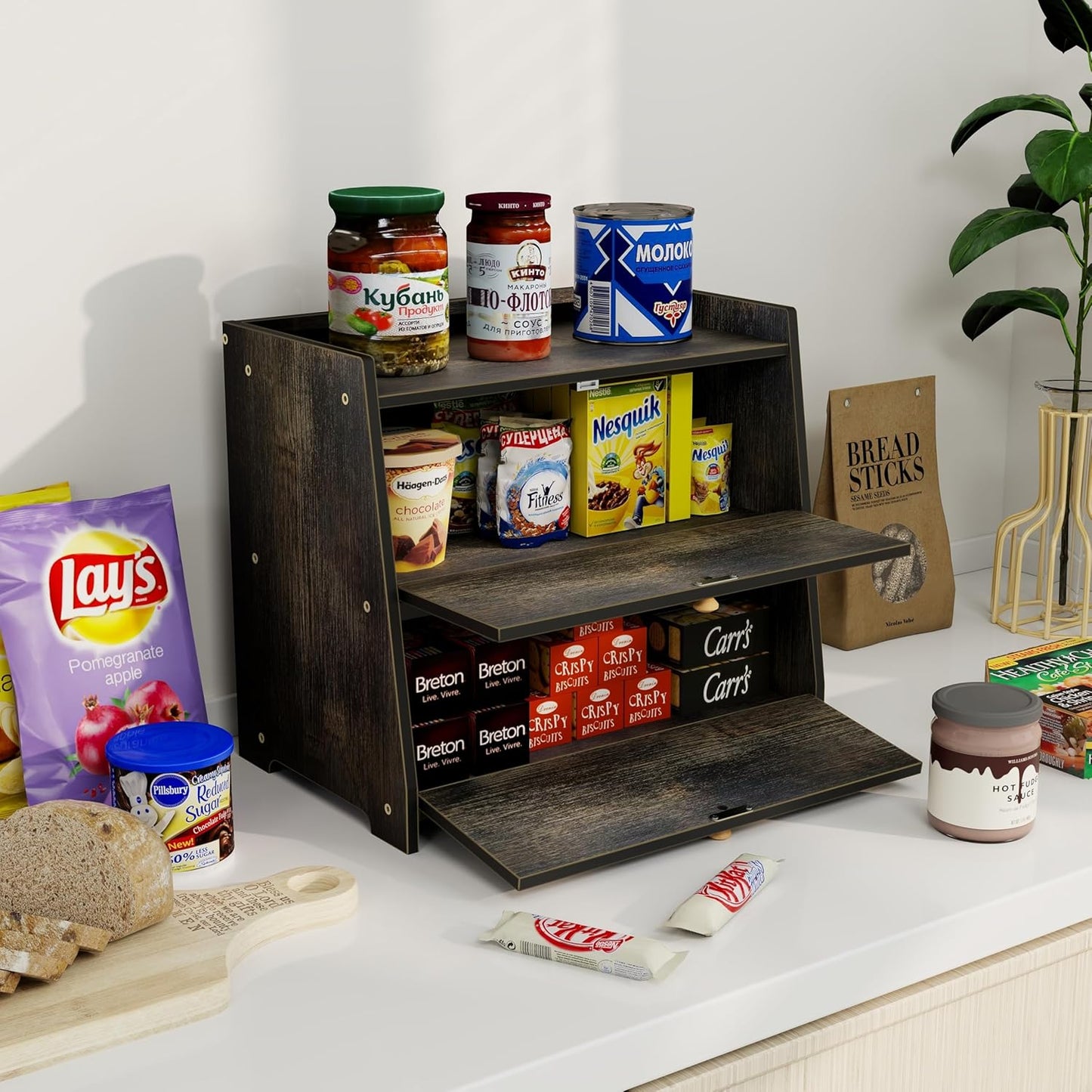 Vintage Double Layer Bread Box for Kitchen Counter Bamboo Bread Storage Container Large Capacity Bread Storage Bin (Antique Black)
