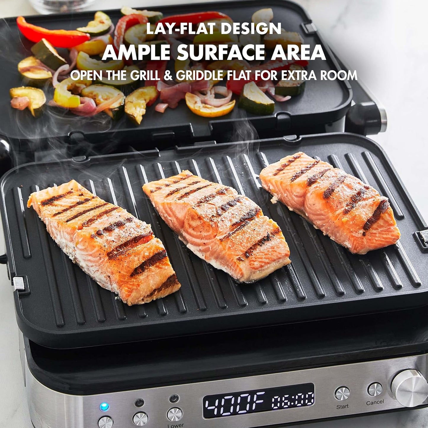 GreenPan Electric Indoor Stainless Steel 6-in-1 Contact Grill and Griddle, Healthy Ceramic Nonstick, Dishwasher Safe Reversible Plates, PFAS-Free