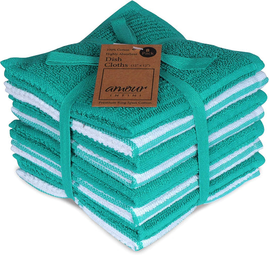 AMOUR INFINI Dish Cloths for Washing Dishes Set of 8 - Highly Absorbent, Super Soft Kitchen Dishcloths - Reusable Quick Dry Dish Rags for Cleaning & Drying Kitchen Linens (12x12 Inch - Teal)