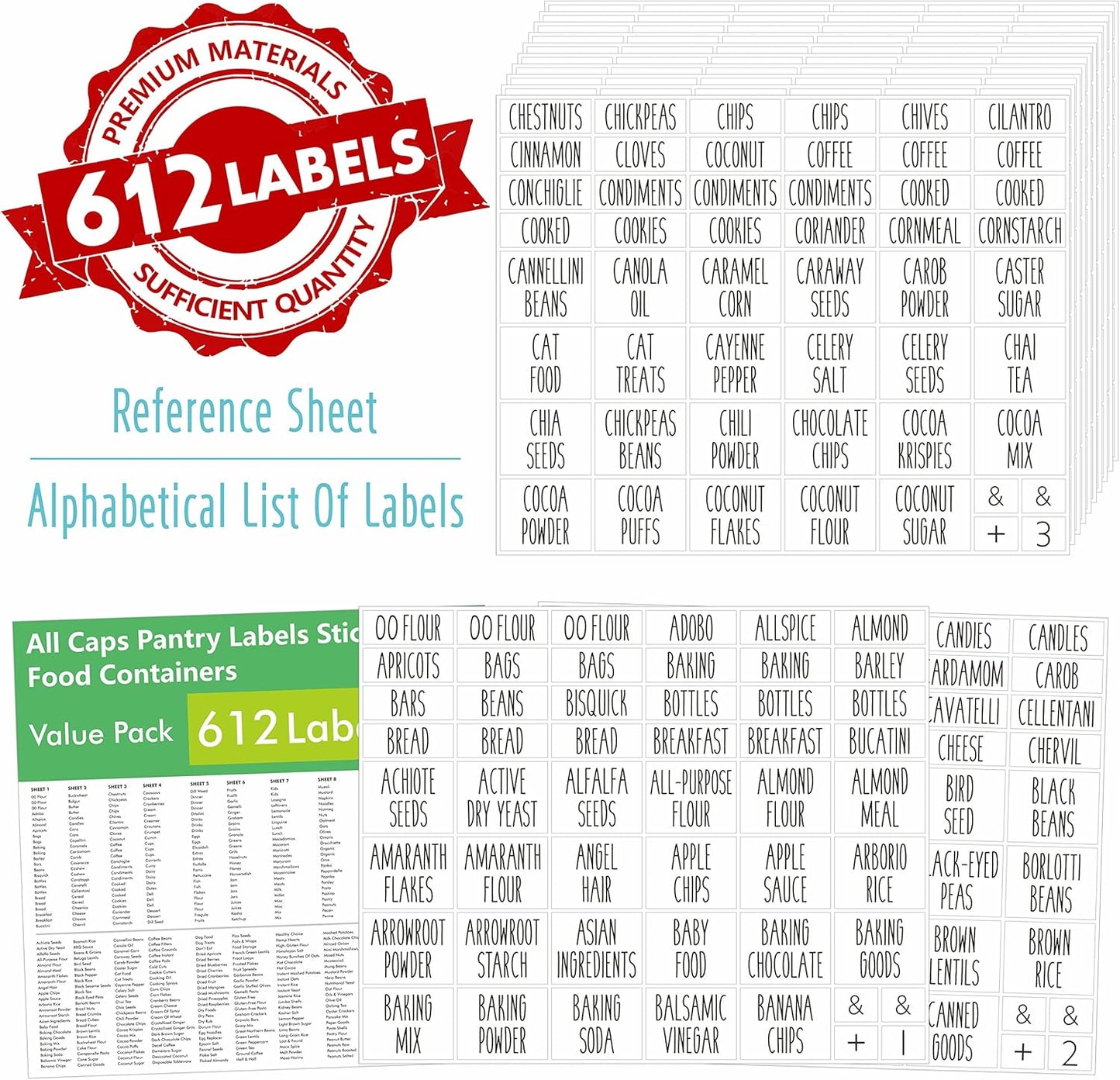 Hebayy 612 All Caps Minimalist Pantry Food Labels, Herb Spice Seasoning Oil Stickers, Plus 51 Blank Ones, Waterproof, Oil & Tear Resistant, No Residue, Expand Version for Kitchen Containers Jars