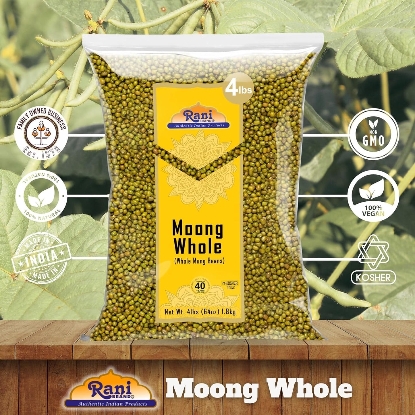 Rani Moong Whole (Ideal for cooking & sprouting, Whole Mung Beans with skin) Lentils Indian 64oz (4lbs) 1.81kg Bulk ~ All Natural | Gluten Friendly | Non-GMO | Kosher | Vegan | Indian Origin
