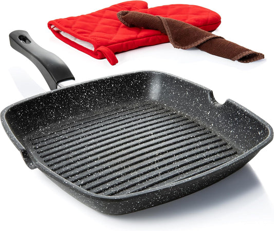 Moss & Stone Aluminum Nonstick Grill Pan for Stove Tops, Versatile Griddle Skillet with Pour Spouts, 11 Inch Square Grill Pan Big Cooking Surface, Durable Skillet For Indoor Cooking & Outdoor Grilling