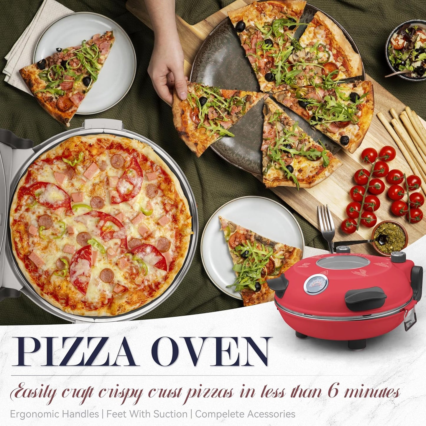 Baker’s Friend Electric Pizza Oven Indoor Countertop, 12 Inch Pizza Maker Machine for Home, Pizza Cooker & Pizza Grill, Premium Glazed Ceramic Stone Pizza Oven, Chilli Red