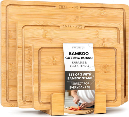 Bamboo Wooden Cutting Boards for Kitchen, Cutting Board Set of 3, Chopping Boards with Juice Groove for Meat, Cheese & Vegetables - Durable, Double sided wood cutting board with serving Compartments