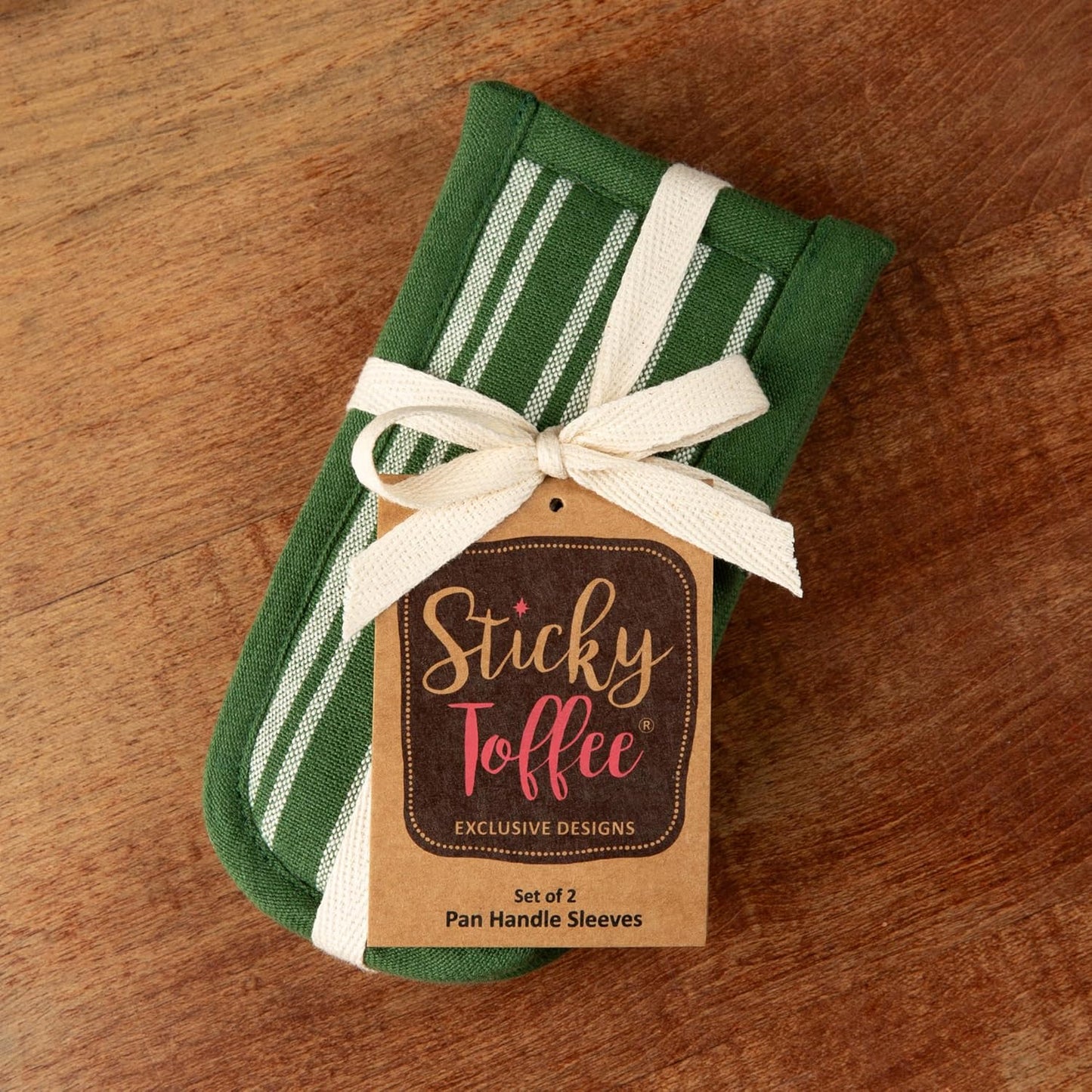 Sticky Toffee Pan Handle Covers 2-Pack – 3x6 in Green Heat Resistant Sleeves for Cast Iron Skillets and Hot Pots, Oeko-Tex Cotton Grip Holders