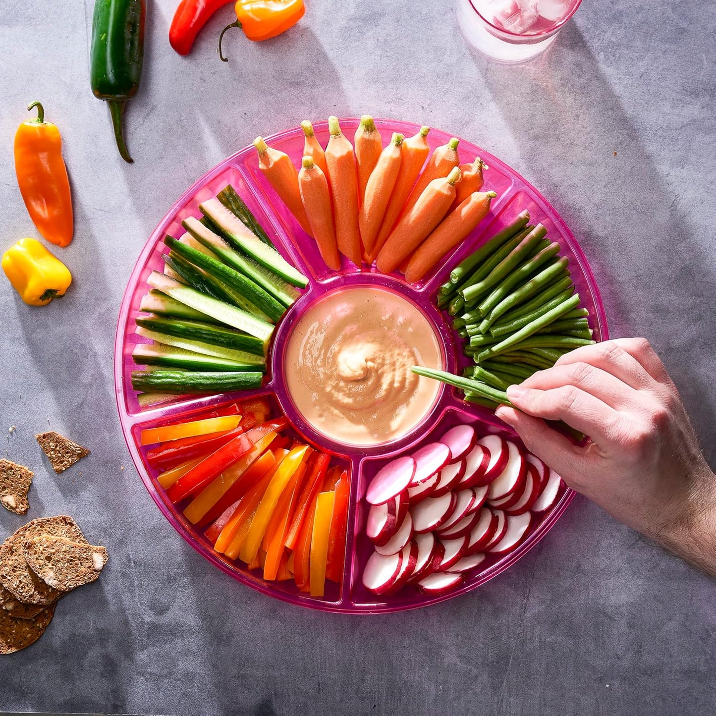 Plasticpro 6 Sectional Round Plastic Serving Tray/Platters Pink Pack of 8