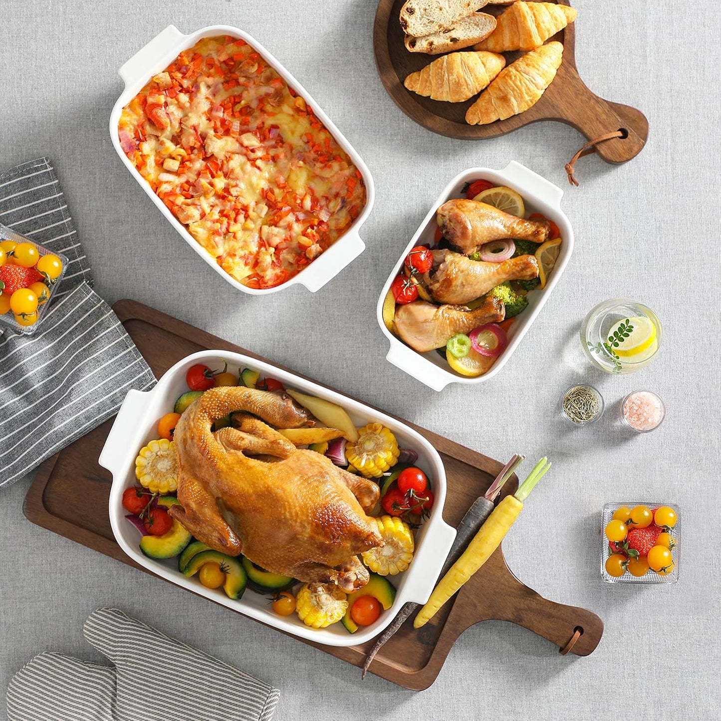 MALACASA Casserole Dishes for Oven, Porcelain Baking Dishes Set of 3, Durable Casserole Dish Set Lasagna Pan Deep, Ceramic Bakeware Sets with Handles, White (13.8''/11.7''/9.4''), Series Bake