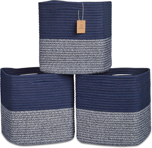 NaturalCozy 13 Inch Cube Storage Bins Cotton Rope Woven Baskets for Organizing 3-Pack | 13 x 13 Storage Cubes | Fabric Square Storage Baskets for Shelves Organizer, Kids Toy Bins, Closet Baby Nursery
