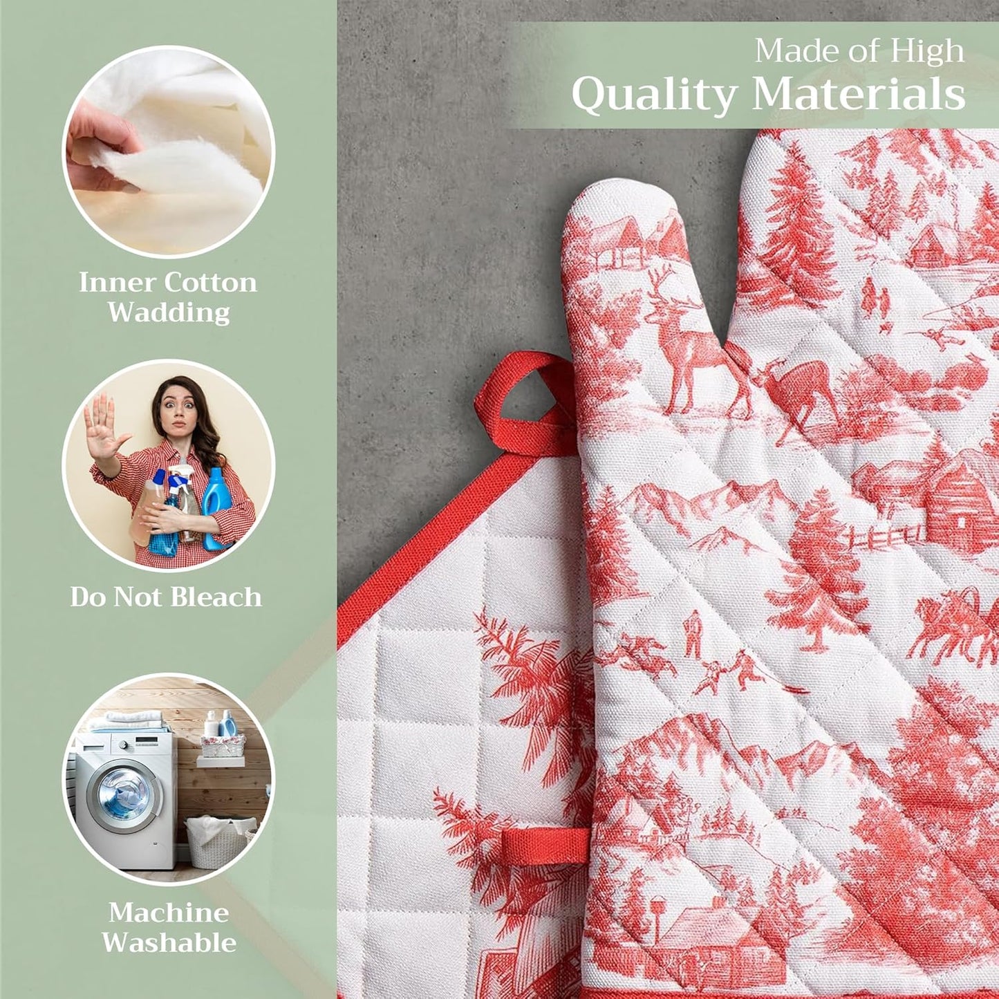 Maison d' Hermine 100% Cotton Oven Mitt & Pot Holder Set (7.5"x13" & 8"x8") Heat Resistant BBQ Cooking Gloves with Loop, Baking, Grilling, Kitchen, Handling Hot Pans (Winter Jouy)