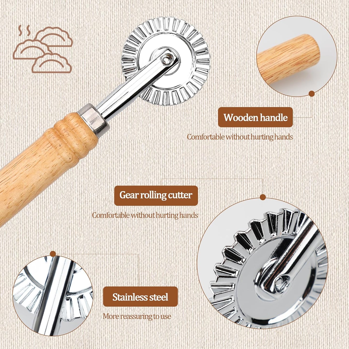 Long Handle Small Cutter Wheel - Exquisite Wooden Handle, Perfect for Pasta, Pizza, Ravioli, Cookie - Versatile Crinkle and Biscuit Cutter for Effortless Slicing
