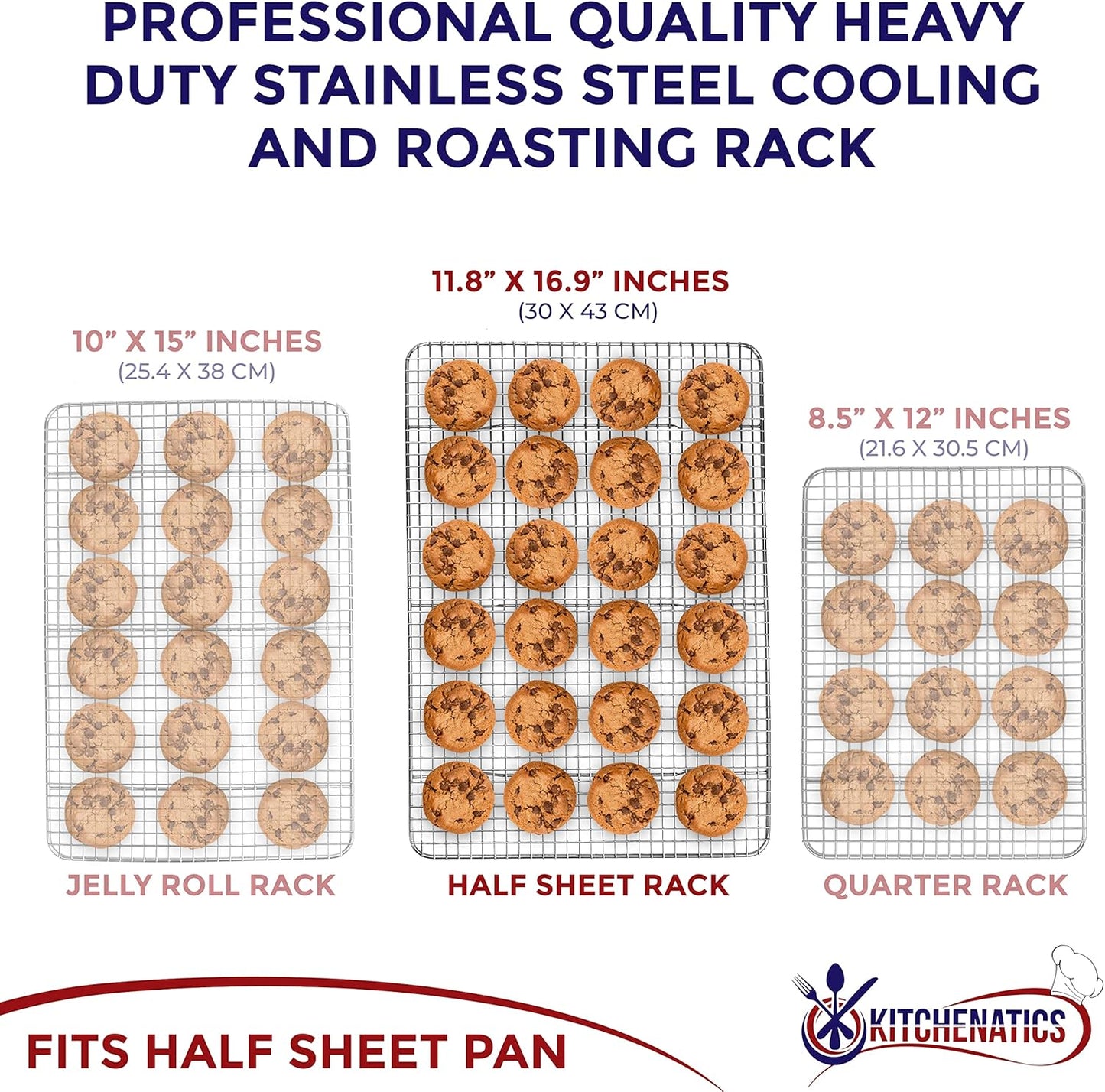 KITCHENATICS Half Sheet Cooling Racks for Cooking and Baking, Stainless Steel Wire Rack for Baking Sheet, Bacon Rack for Oven, Heavy-Duty Wire Cookie Cooling Rack fits Half Sheet Pan, 11.8 x 16.9 IN