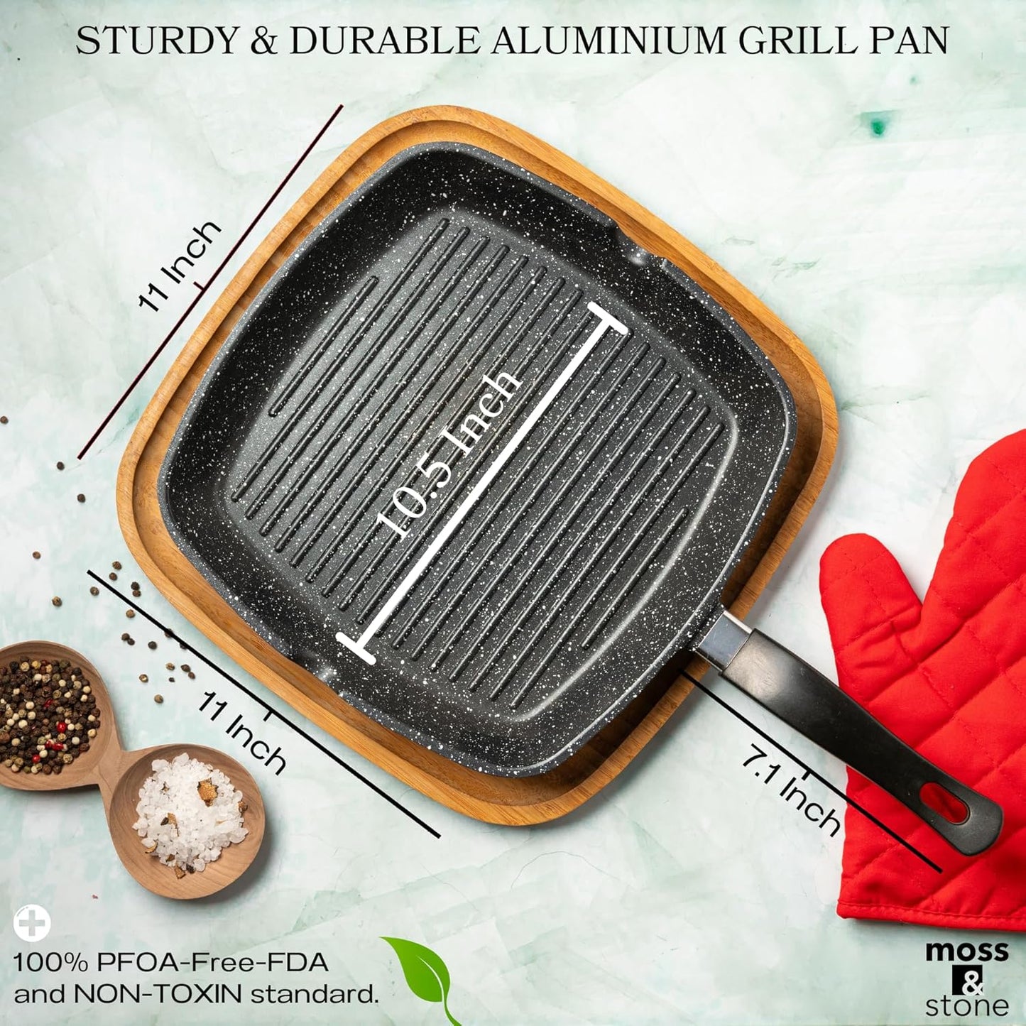 Moss & Stone Aluminum Nonstick Grill Pan for Stove Tops, Versatile Griddle Skillet with Pour Spouts, 11 Inch Square Grill Pan Big Cooking Surface, Durable Skillet For Indoor Cooking & Outdoor Grilling