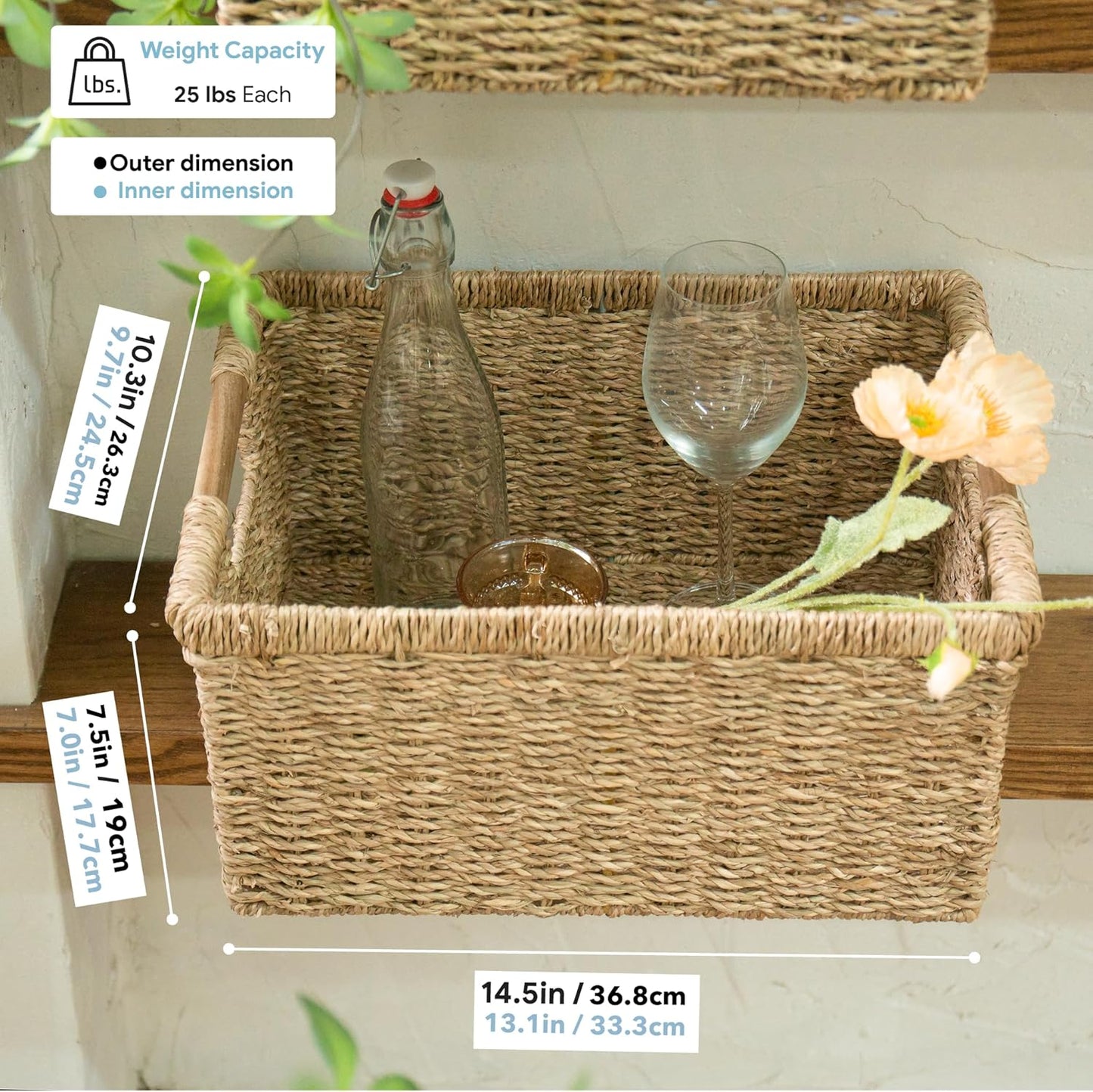 Large Wicker Storage Basket with Wooden Handles, Seagrass Basket for Shelves, Natural Wicker Bin With Handle for Storage 14.5 x 10.3 x 7.5 inches