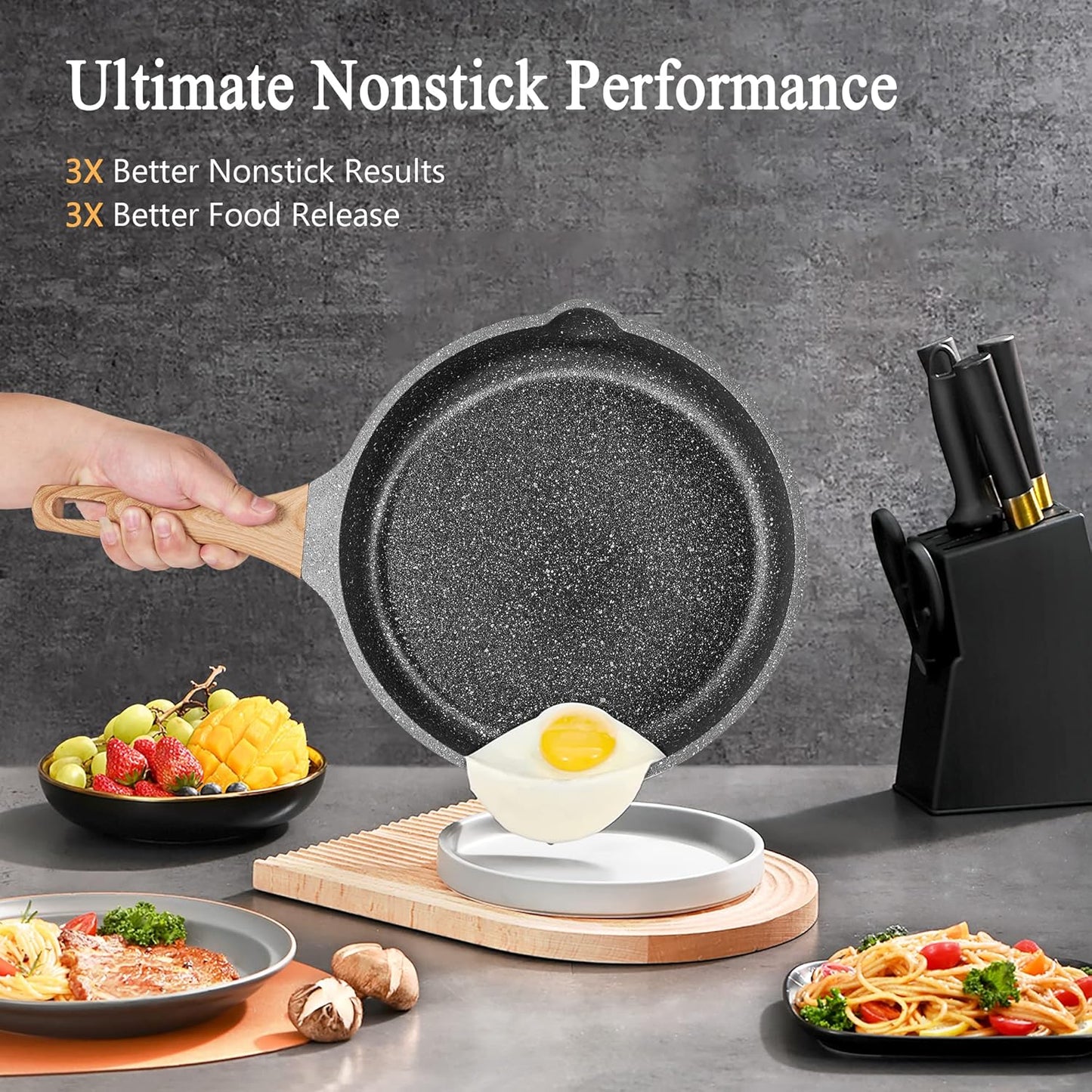 Non Stick Frying Pan Set with Lids, Granite Skillet Set, Egg Omelette Pans for Cooking Pan Set, No Toxic Kitchen Cookware Set Compatible with All Stovetops (Gas & Induction), PFOA Free, Gift