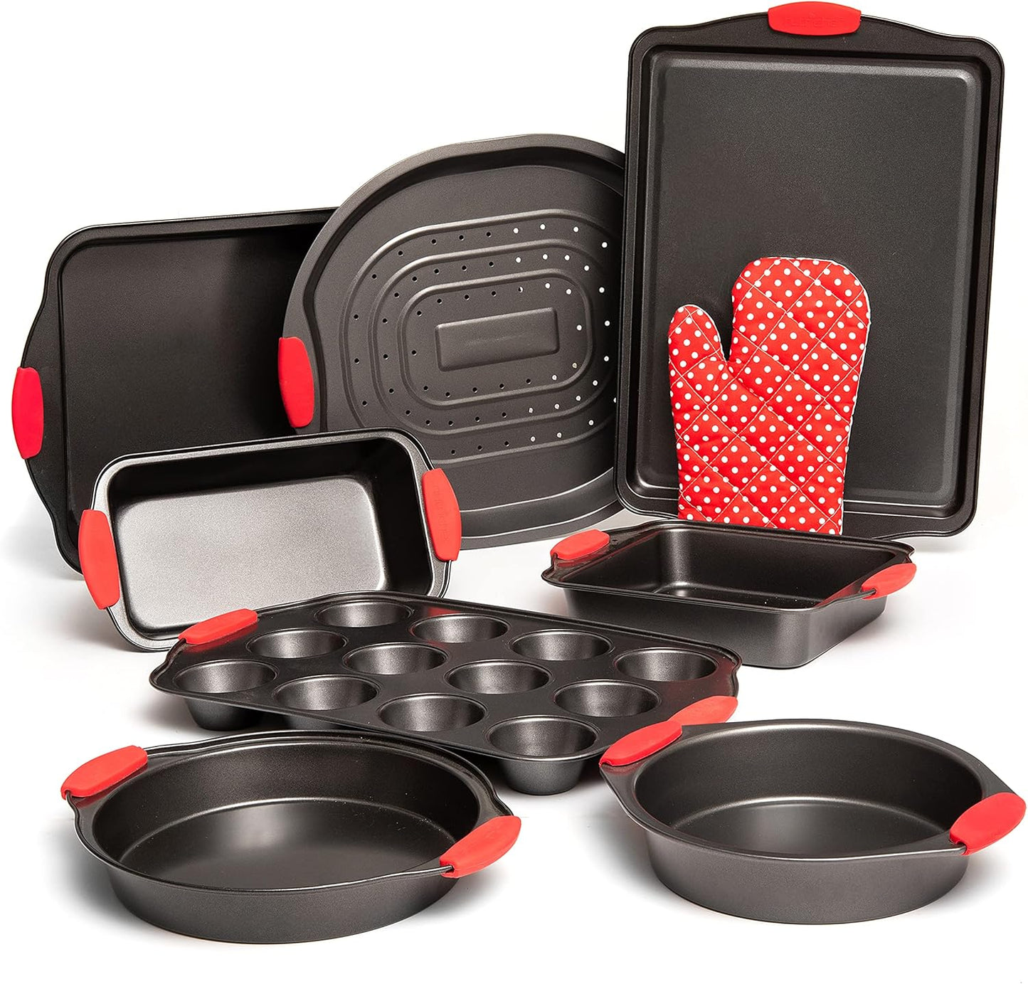 Moss & Stone 9 Piece Baking Pans Set Non Stick, Oven Safe Baking Sheet Set Carbon Steel Non-Stick PTFE Coating, Bakeware Set With Heat Red Silicone Handles, Black Baking Trays For Oven