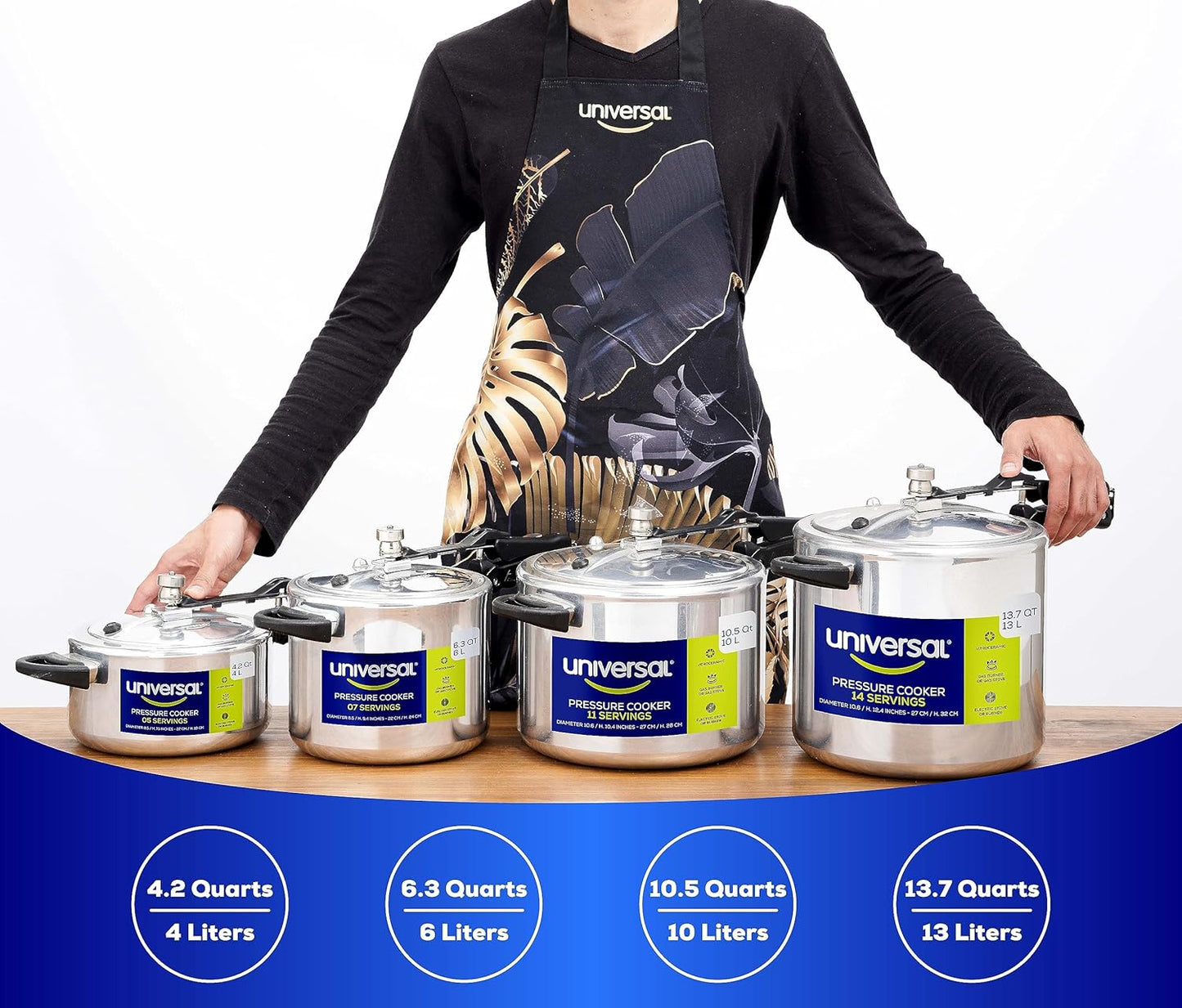 Universal (4.2 Quart / 4 Liter) Pressure Cooker, 5 Servings, Aluminum Pressure Cooker With Multiple Safety Systems and Heat Resistant Handles For Stews, Soup, Meat, and Beans