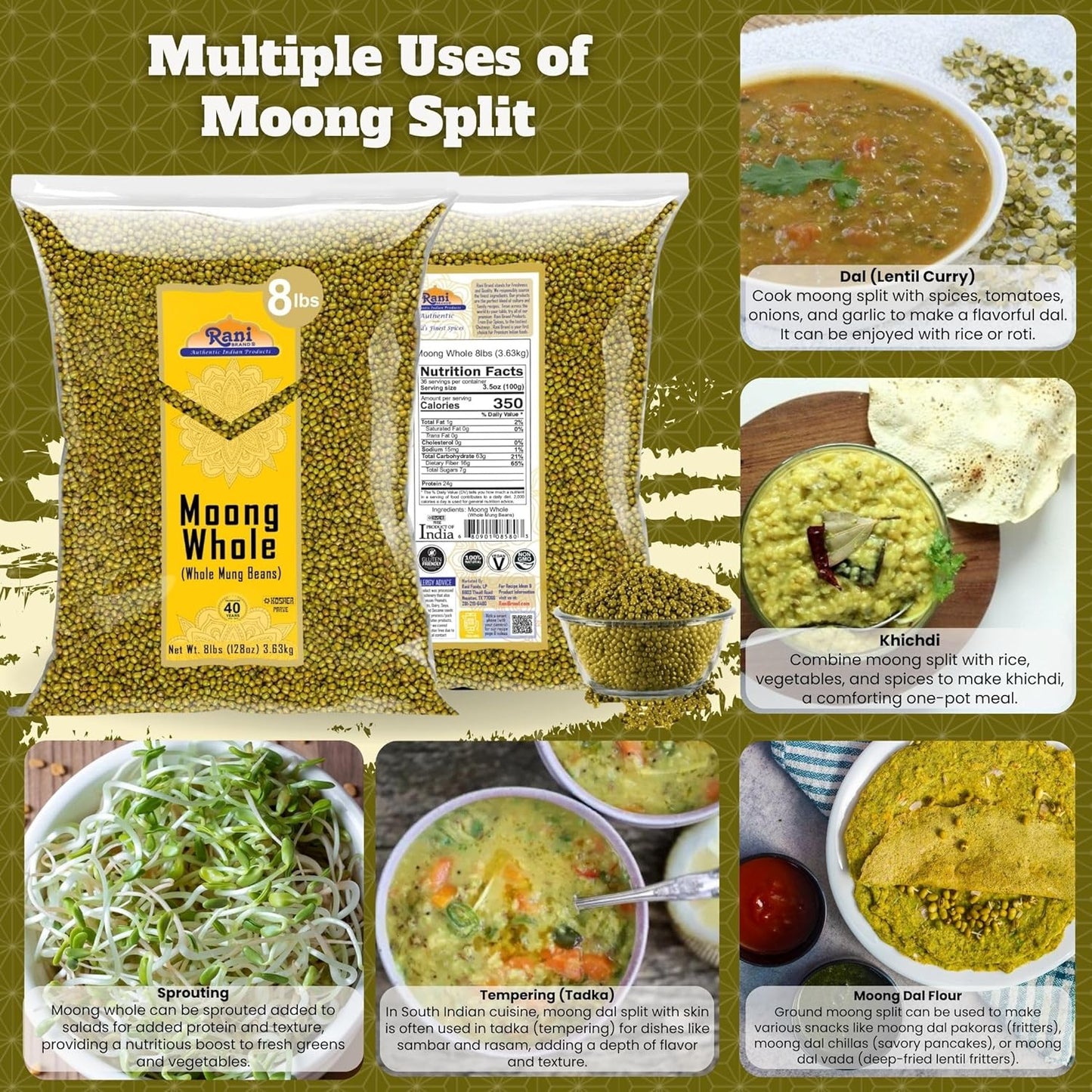 Rani Moong Whole (Ideal for cooking & sprouting, Whole Mung Beans with skin) Lentils Indian 128oz (8lbs) 3.63kg Bulk ~ All Natural | Gluten Friendly | Non-GMO | Kosher | Vegan | Indian Origin