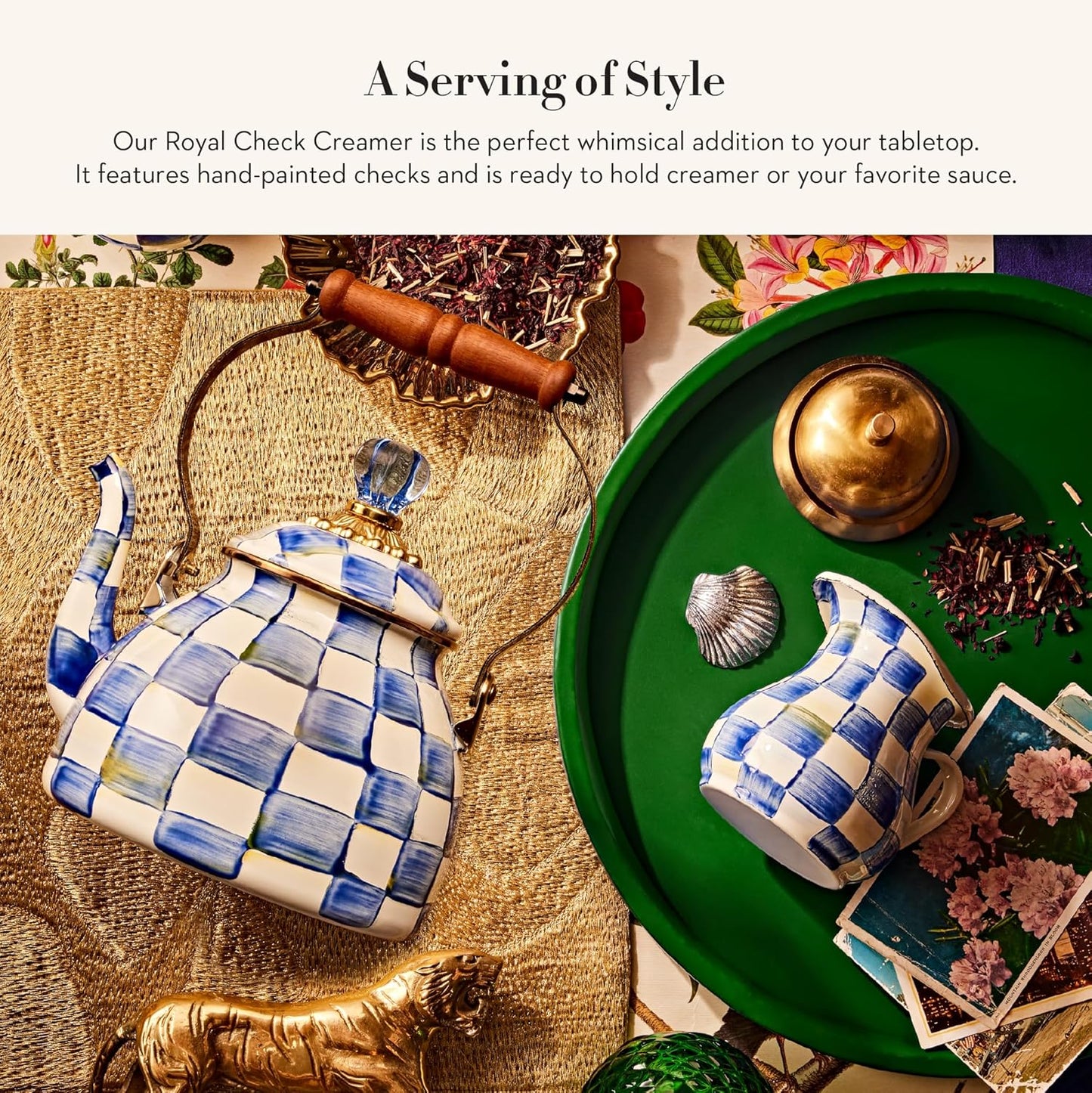 MACKENZIE-CHILDS Enamel Creamer, Creamer Dispenser with Pour Spout, Kitchen Enamelware, 14-Ounce Capacity, Blue-and-White Royal Check