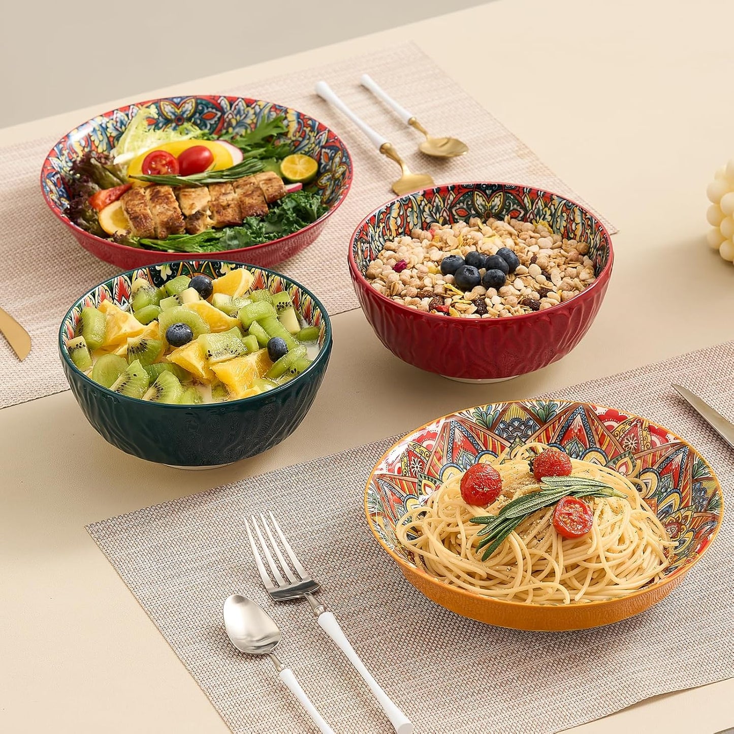 Ceramic Pasta Bowls Set - 8 inch 32 oz Serving Bowls, Set of 6, Colorful Dinner Bowls for Soup,Salad, and Pasta, Kitchen, Microwave, Dishwasher Safe, mexican, Bohemian Style