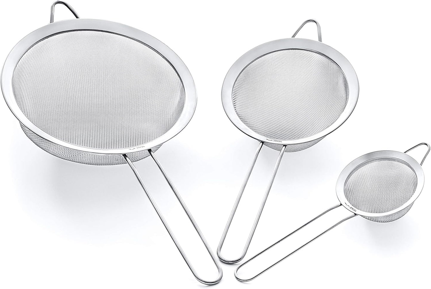 Strainer Set Fine Mesh – Premium 304 Stainless Steel (18/8) – 8″, 5.5″ and 3.3″ Sturdy Kitchen Strainers (Silver)