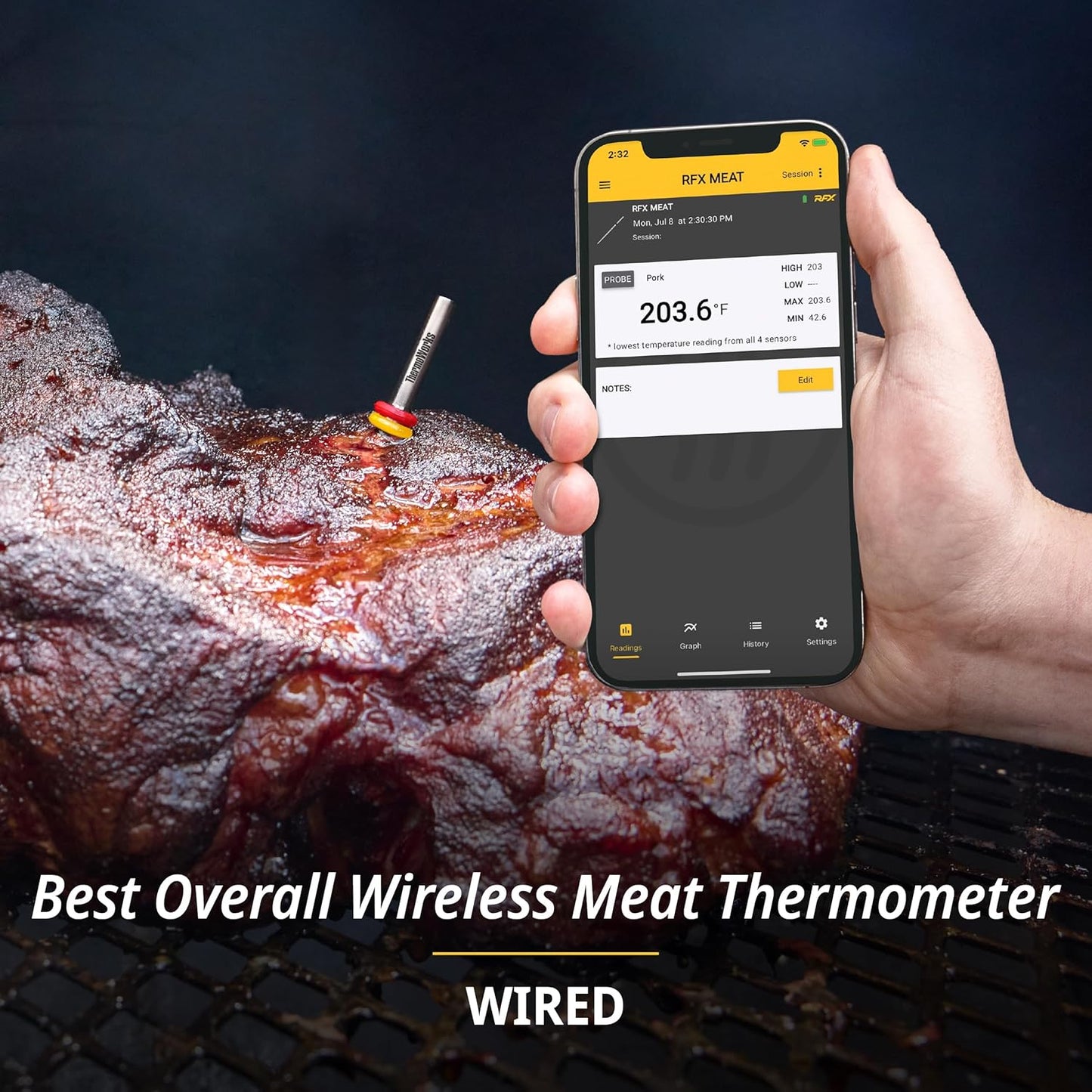 RFX | Smart Wireless Meat Thermometer | Wi-Fi & Radio Frequency | Stronger Signal Than Bluetooth | Meat Probe for Use in Smoker, Grill, BBQ, Oven - 2-Probe Kit